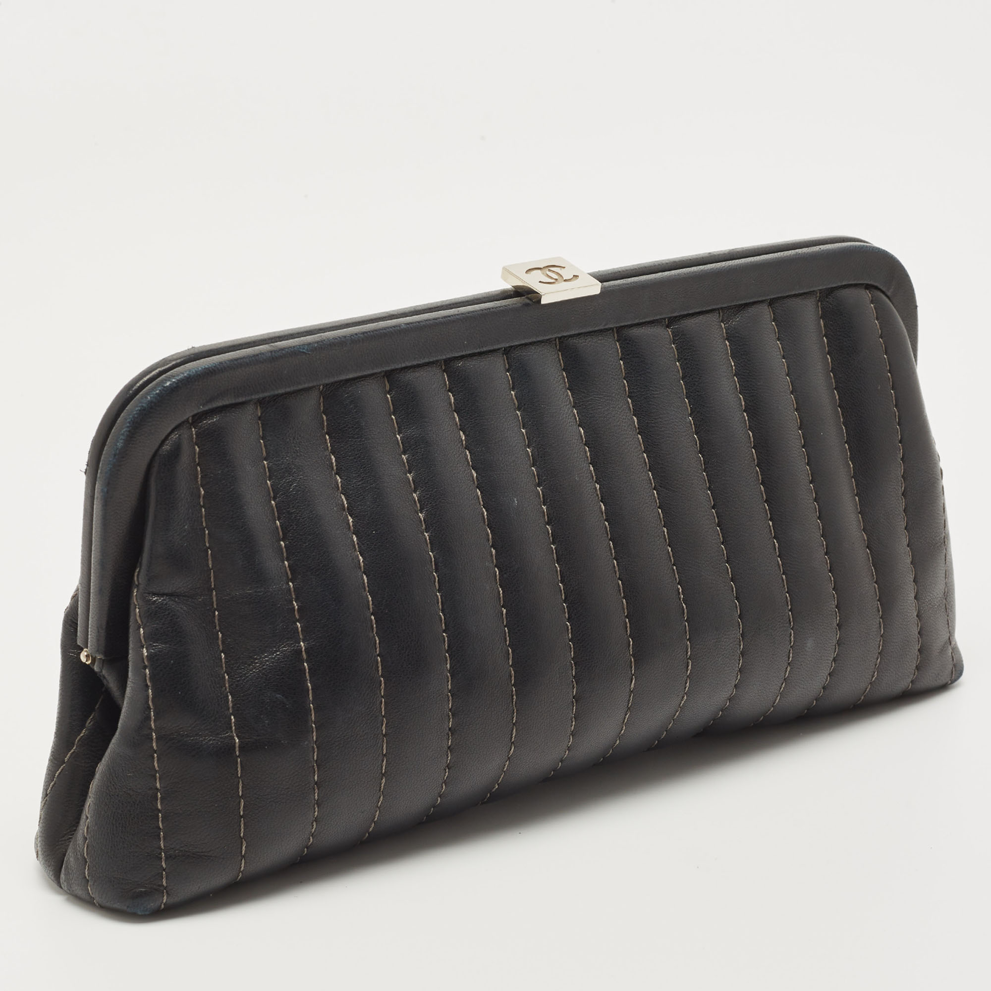 Chanel Black Vertical Stitch Leather Vintage Clutch