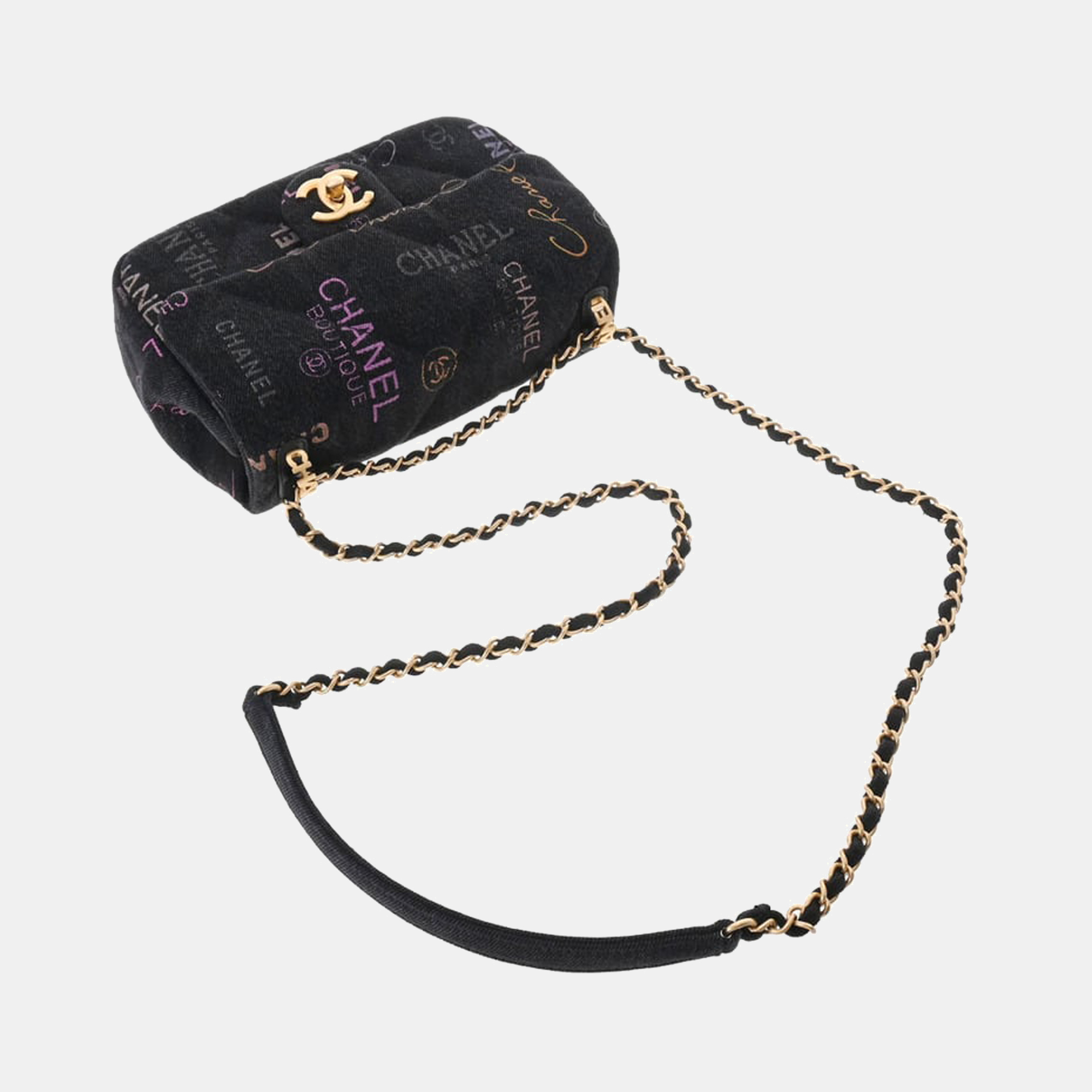 Chanel Black Denim Logo Printed Flap Bag Shoulder Bag