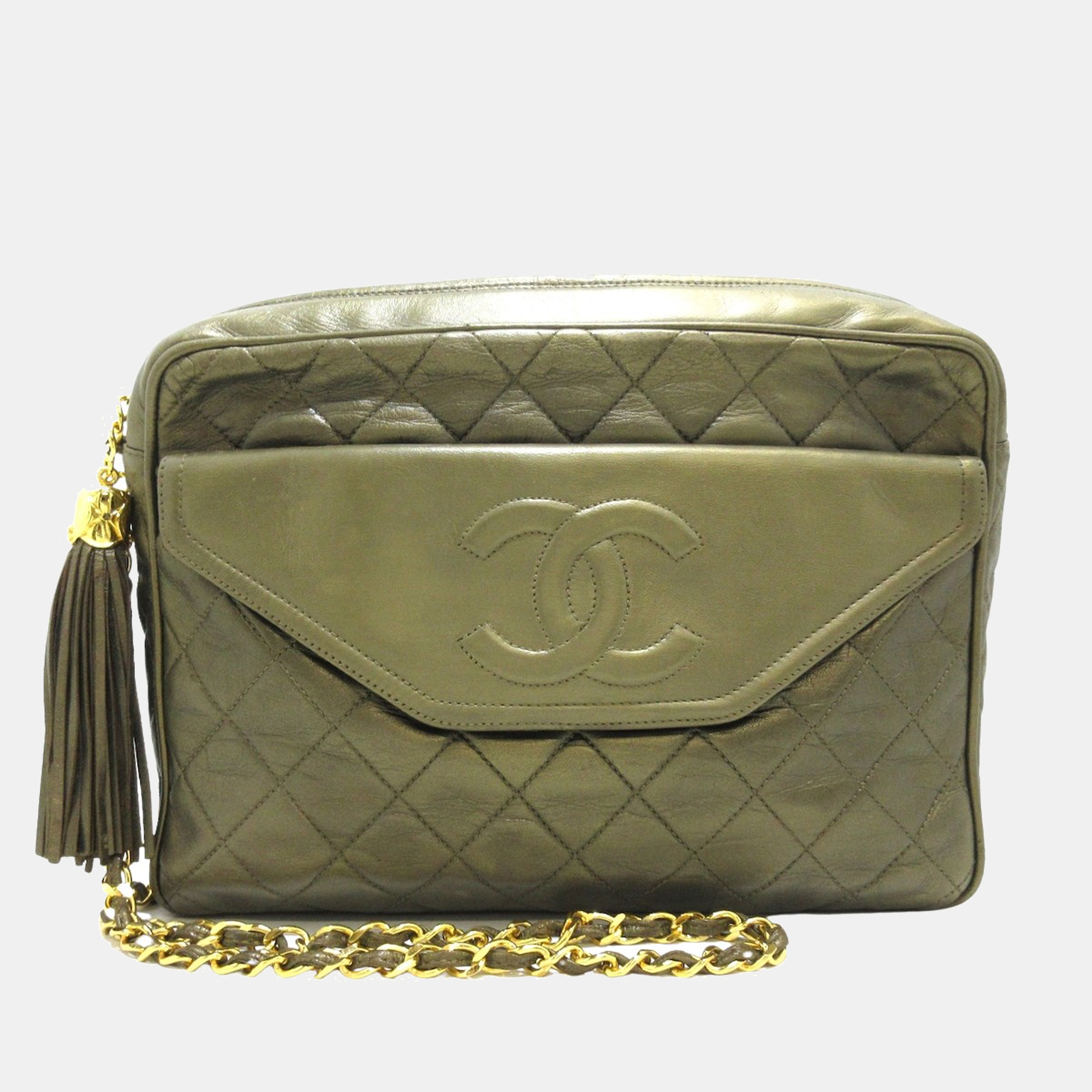 Chanel khaki leather cc tassle camera bag