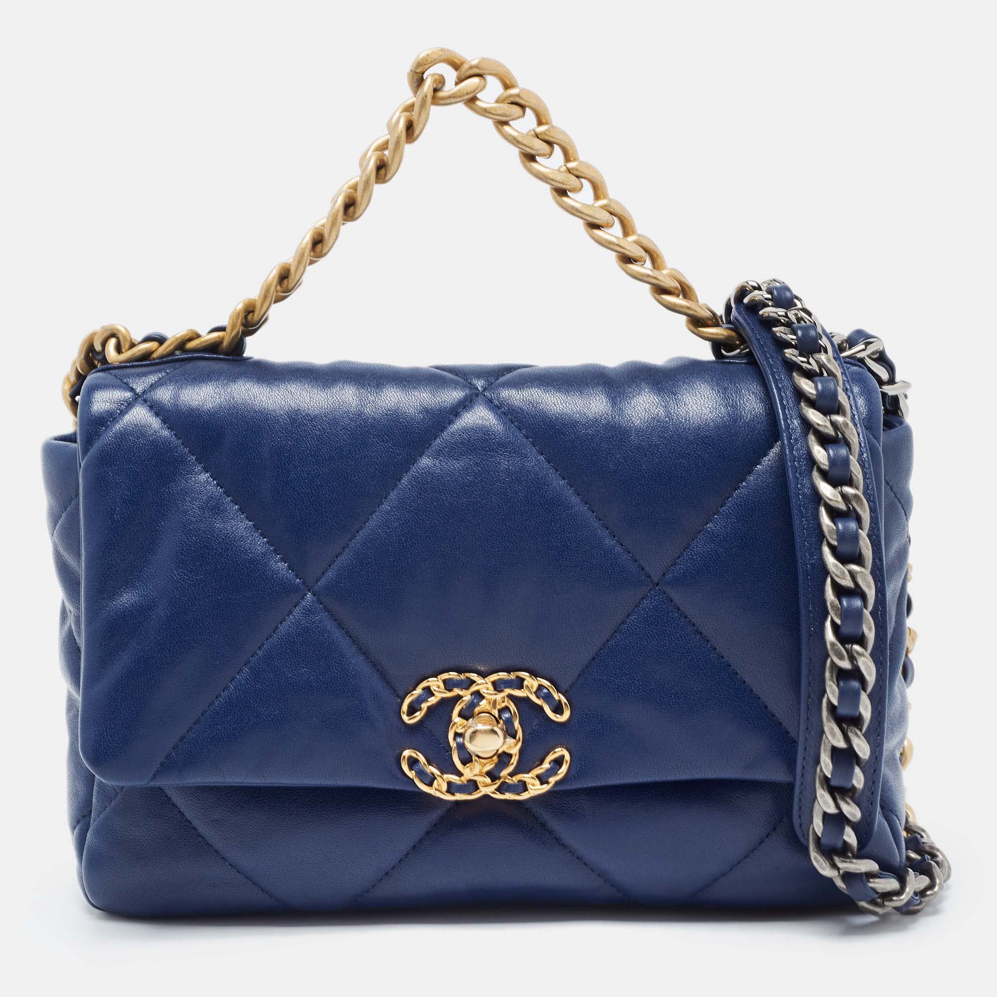 Chanel blue quilted leather medium 19 flap bag