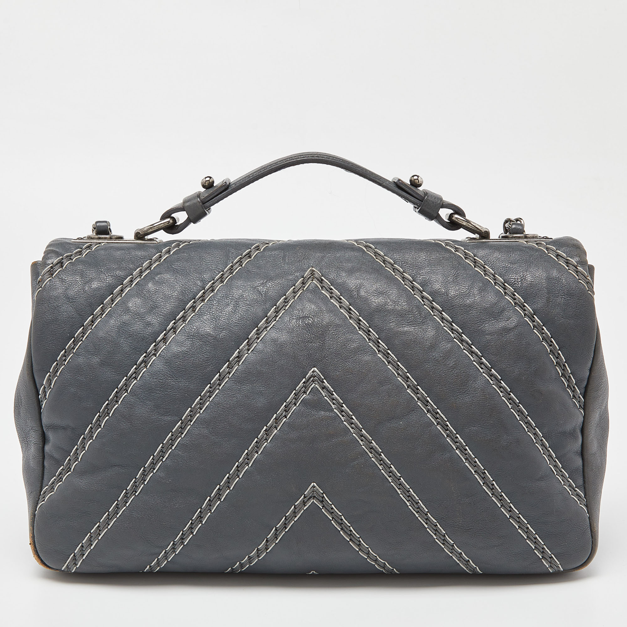 Chanel Grey Chevron Stitched Leather CC Top Handle Flap Bag