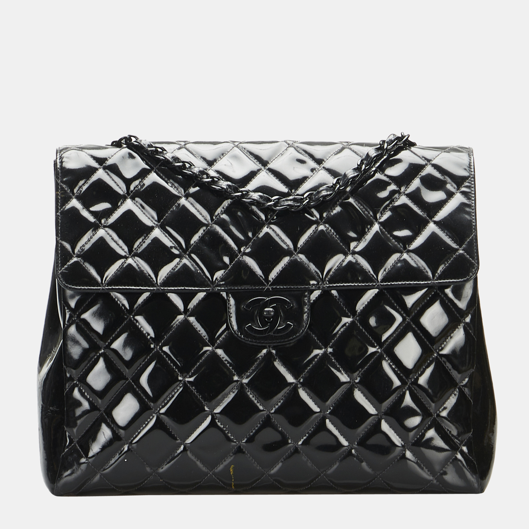 Chanel black matelasse patent leather single flap bag
