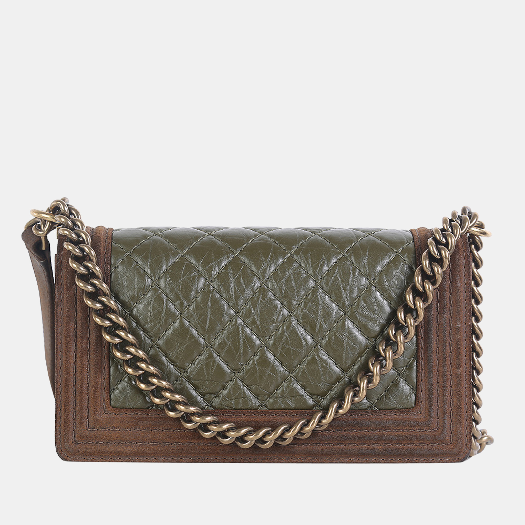 Chanel Olive Green/Brown Suede And Quilted Leather Medium Boy Shoulder Bag