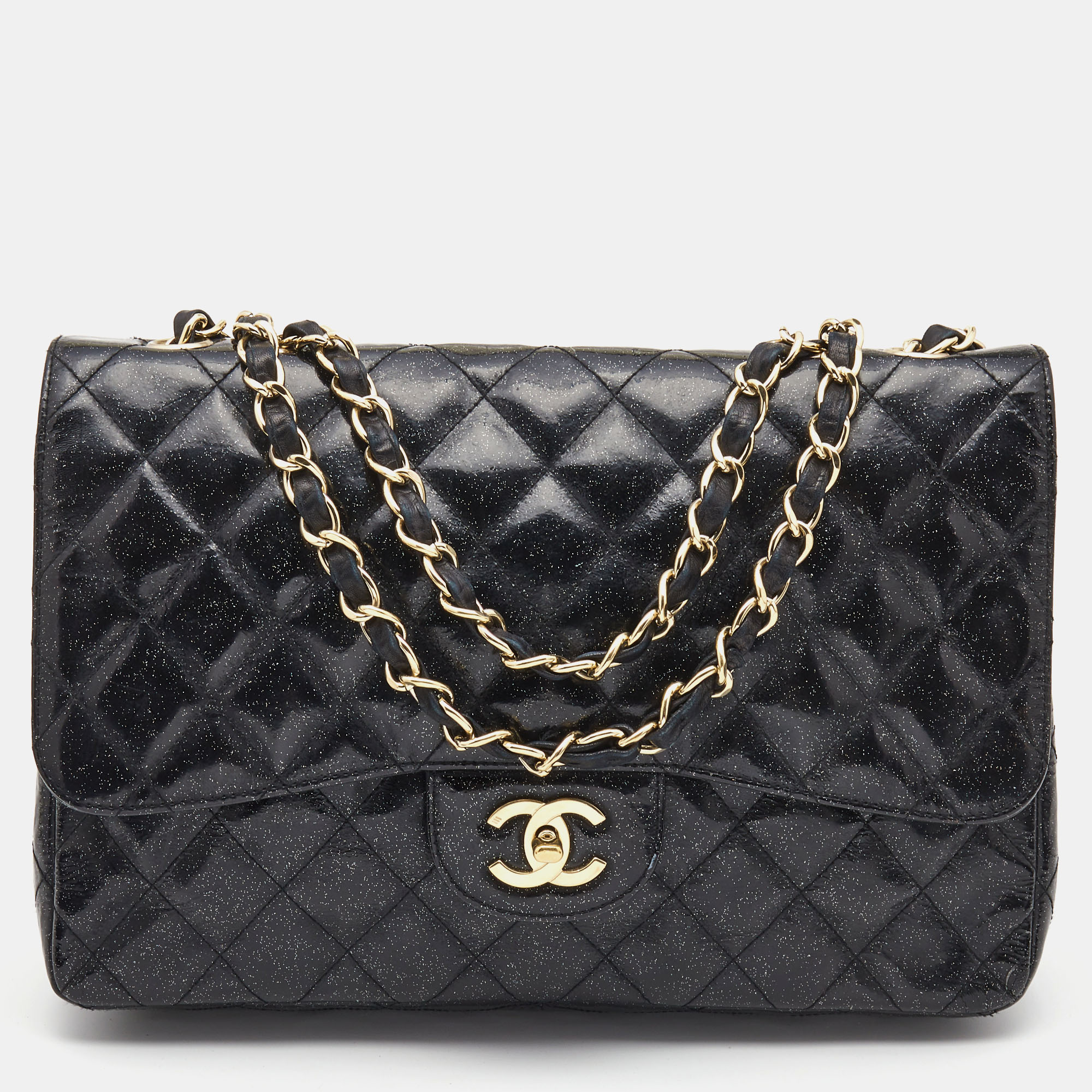 Chanel black quilted glitter patent leather jumbo classic single flap bag