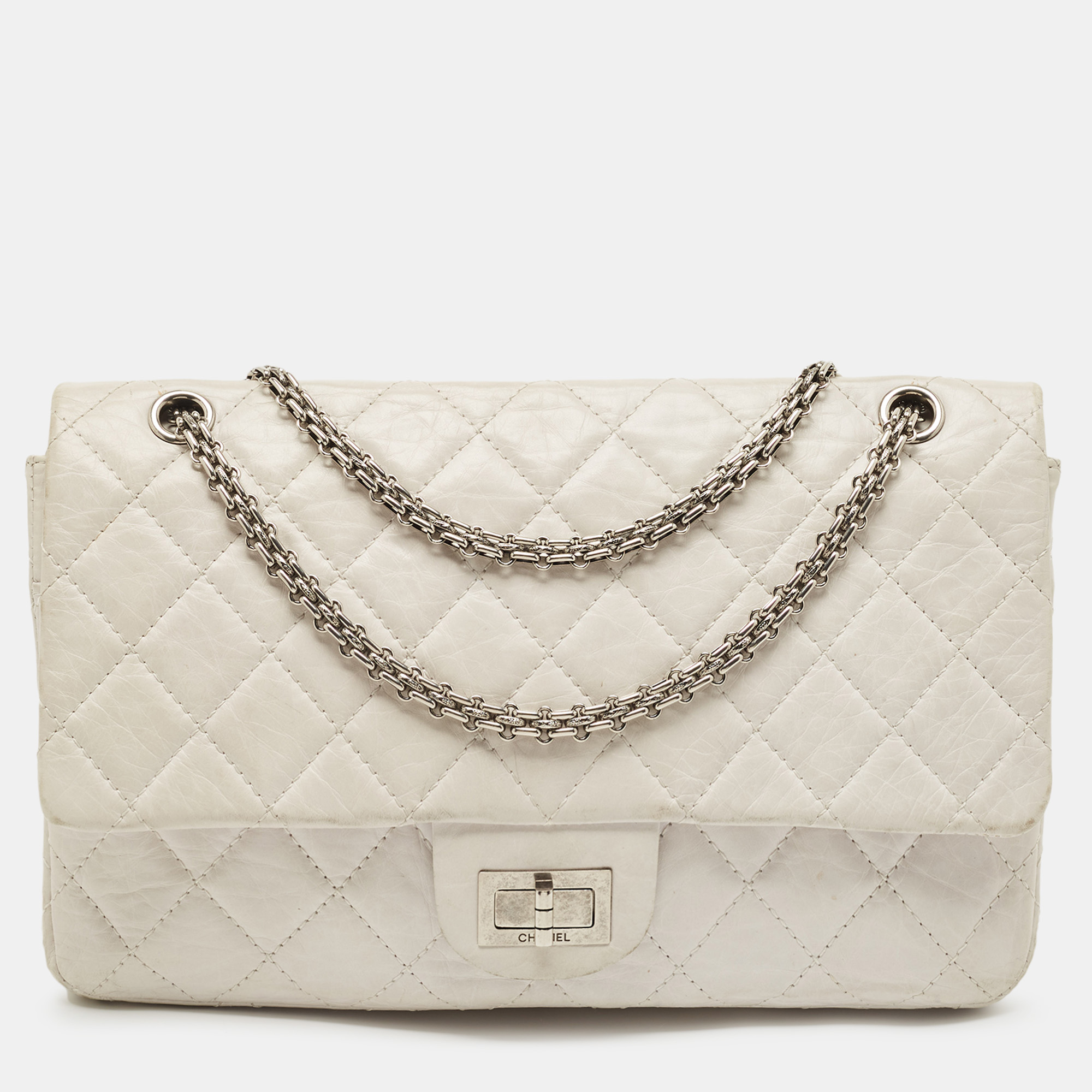 Chanel white quilted aged leather reissue 2.55 classic 227 flap bag