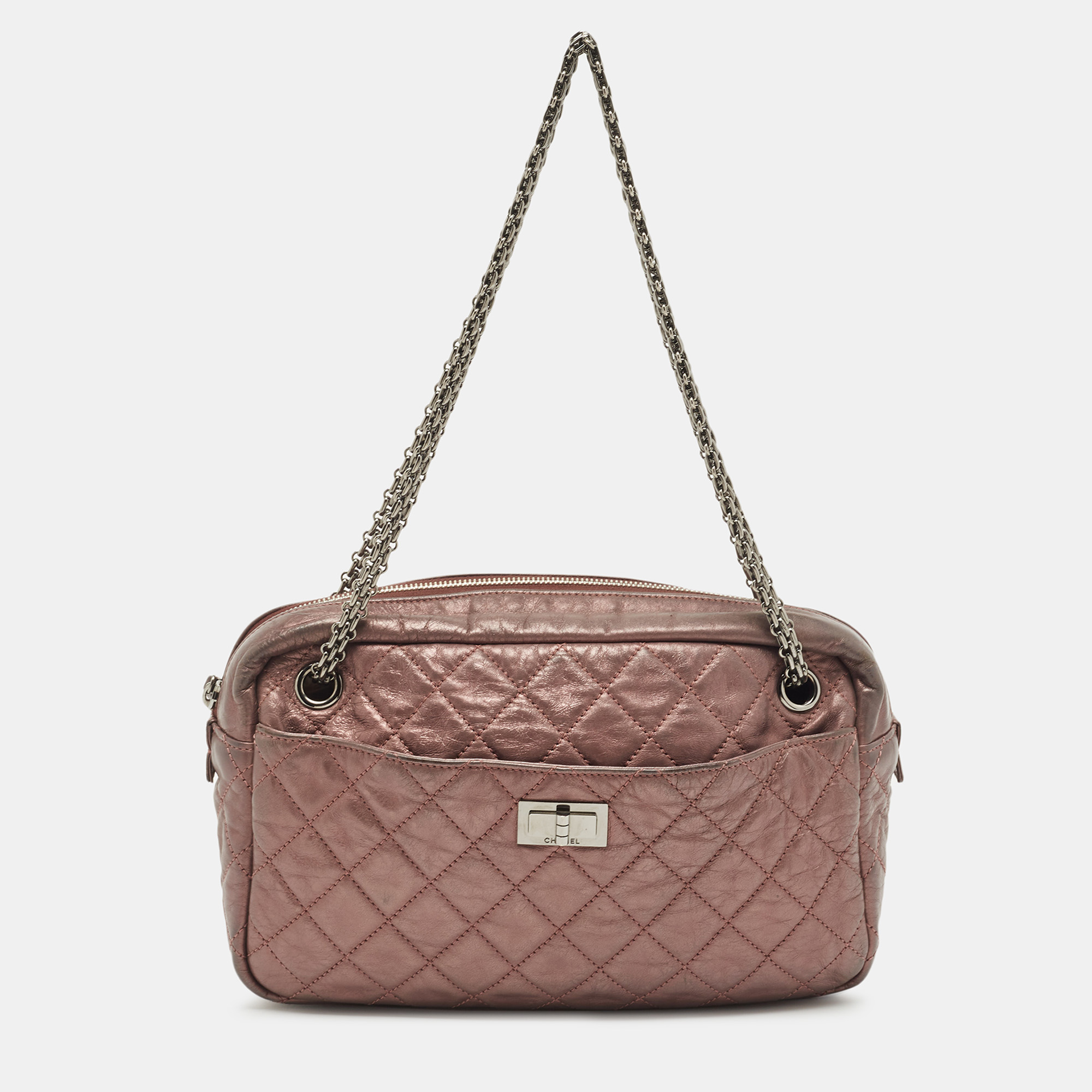Chanel metallic old rose crinkled quilted leather reissue camera bag