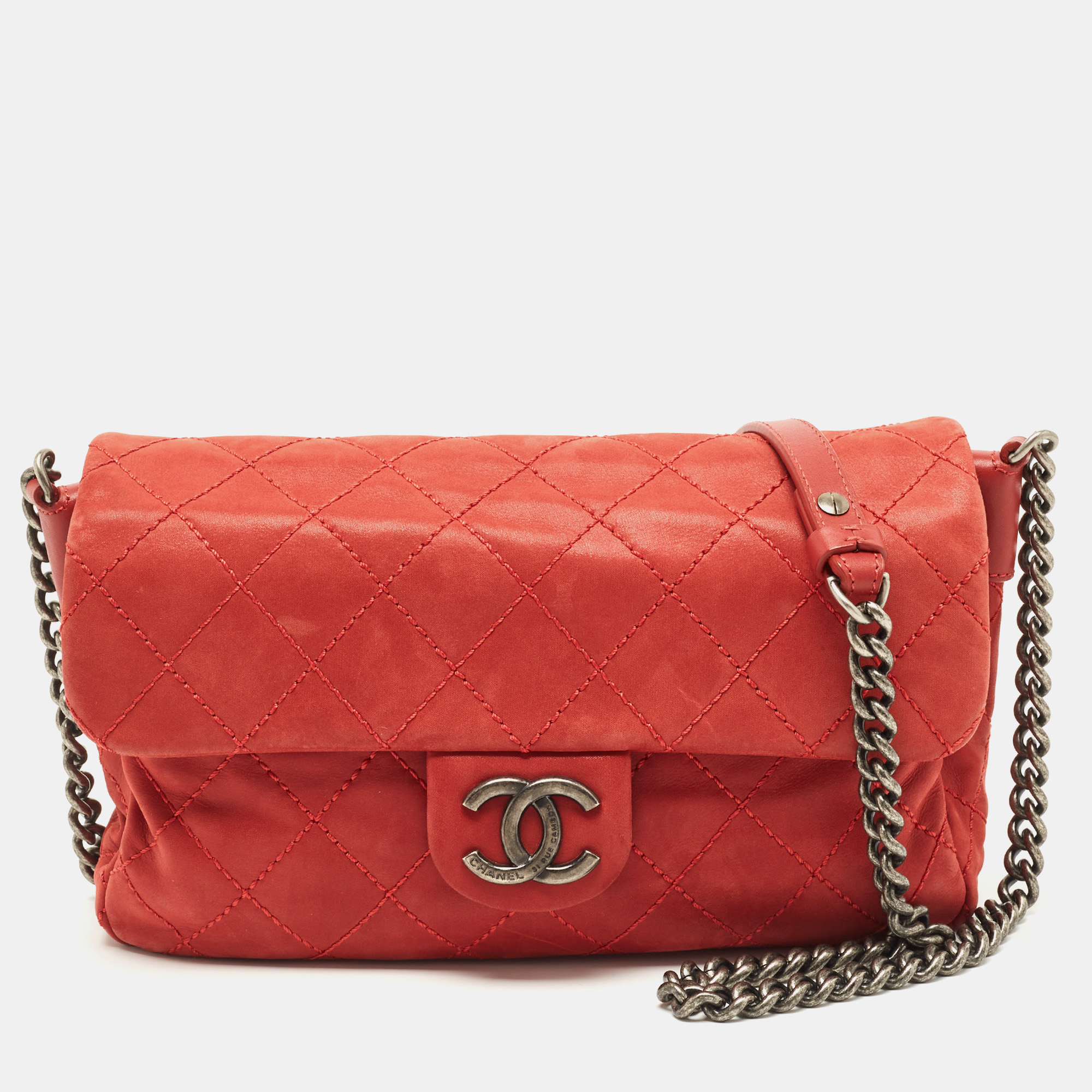 Chanel red quilted iridescent leather cc flap crossbody bag