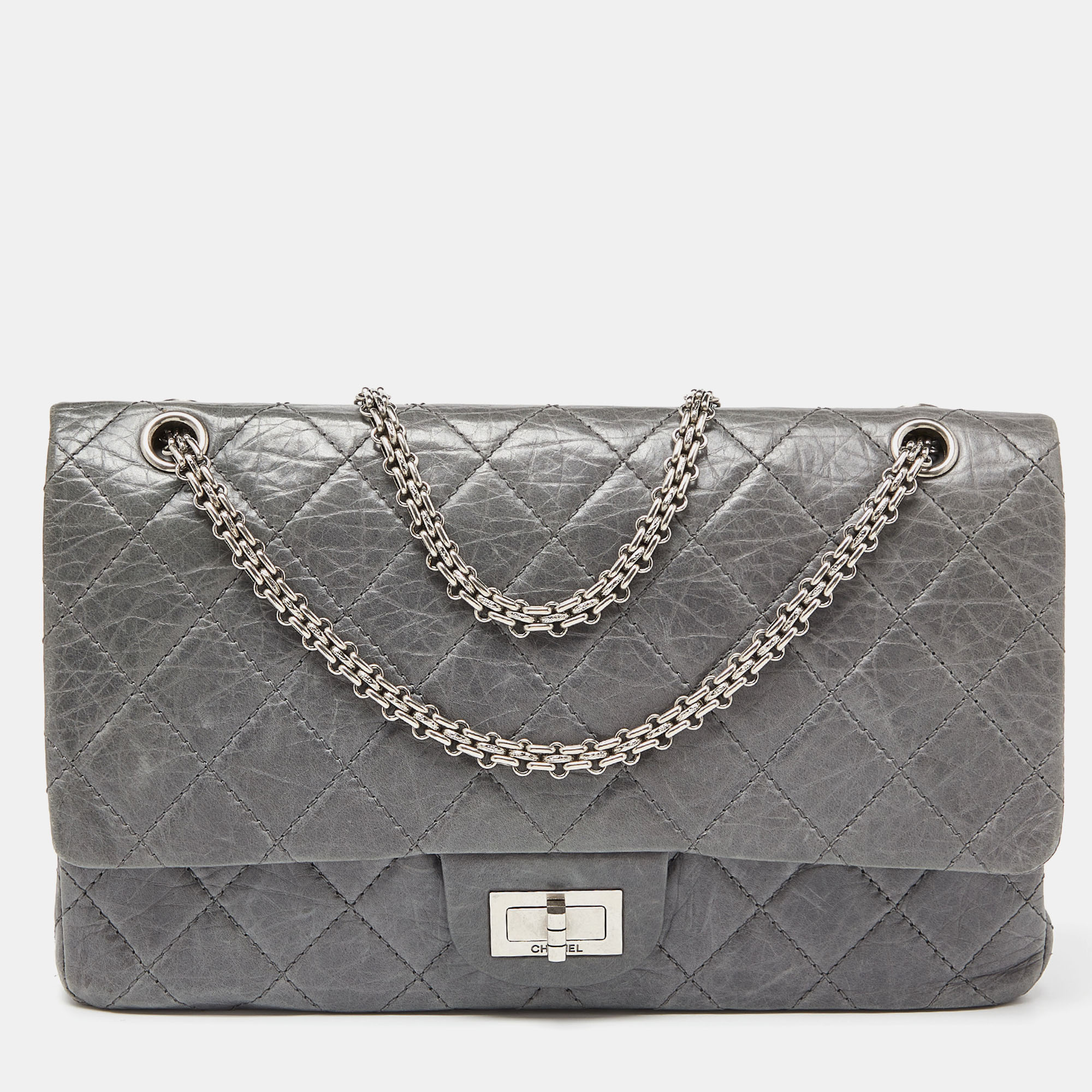 Chanel Grey Quilted Crinkled Leather Limited Edition 50th Anniversary Reissue 2.55 Classic 227 Double Flap Bag