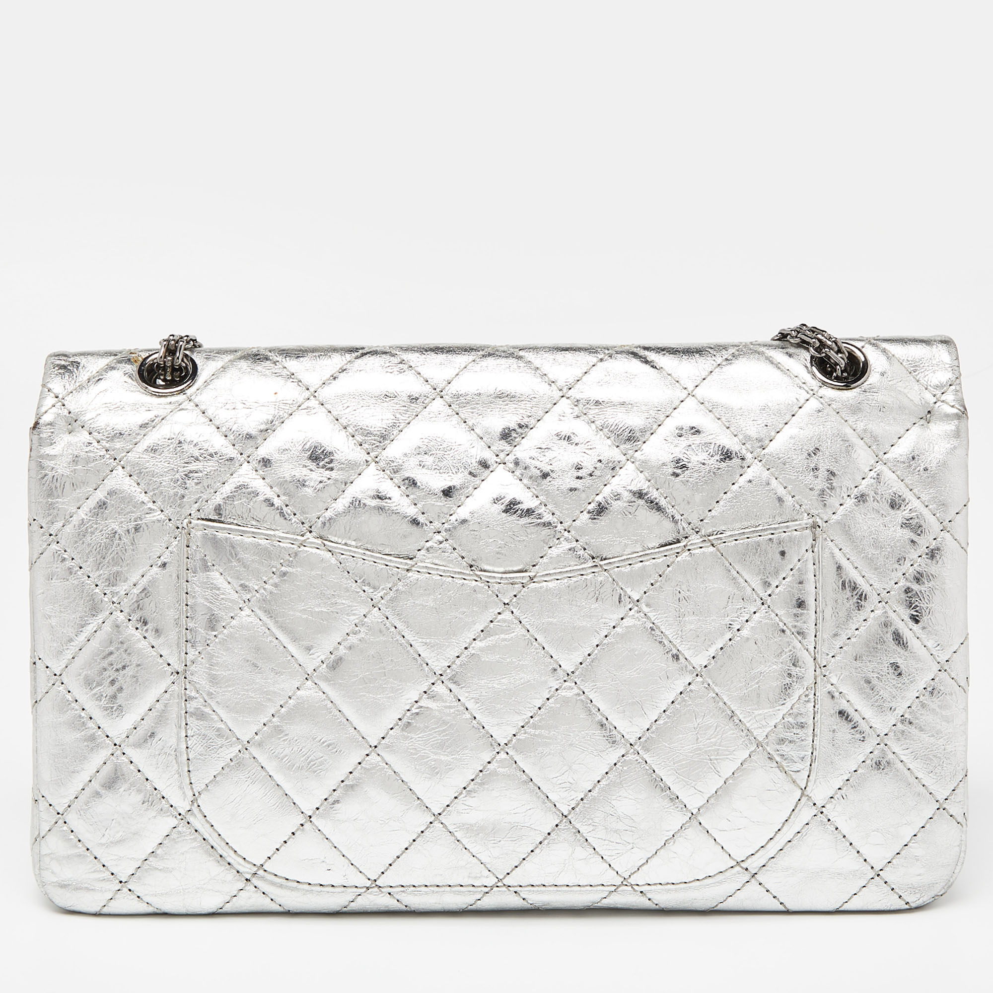 Chanel Silver Quilted Crinkled Leather Reissue 2.55 Classic 227 Double Flap Bag