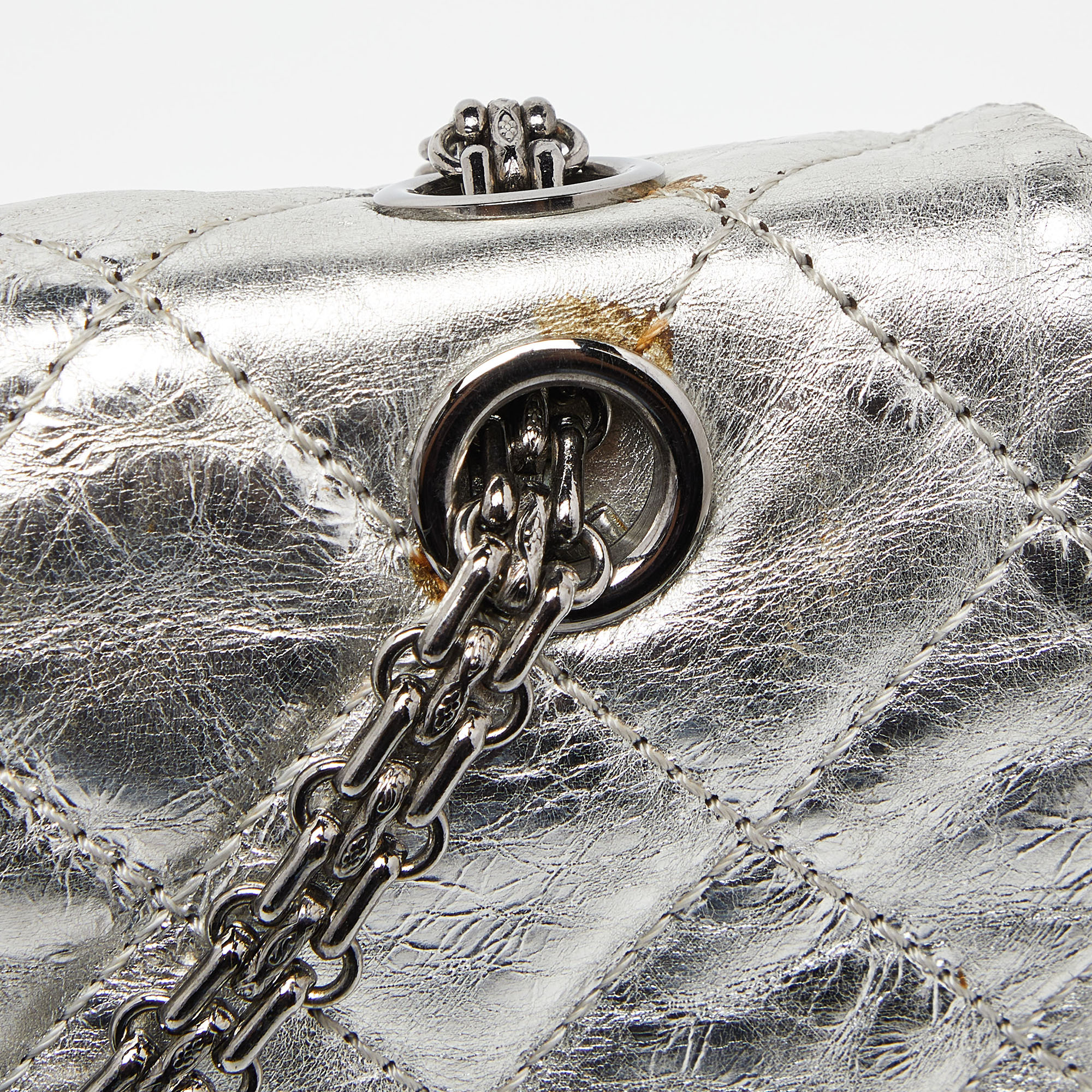 Chanel Silver Quilted Crinkled Leather Reissue 2.55 Classic 227 Double Flap Bag