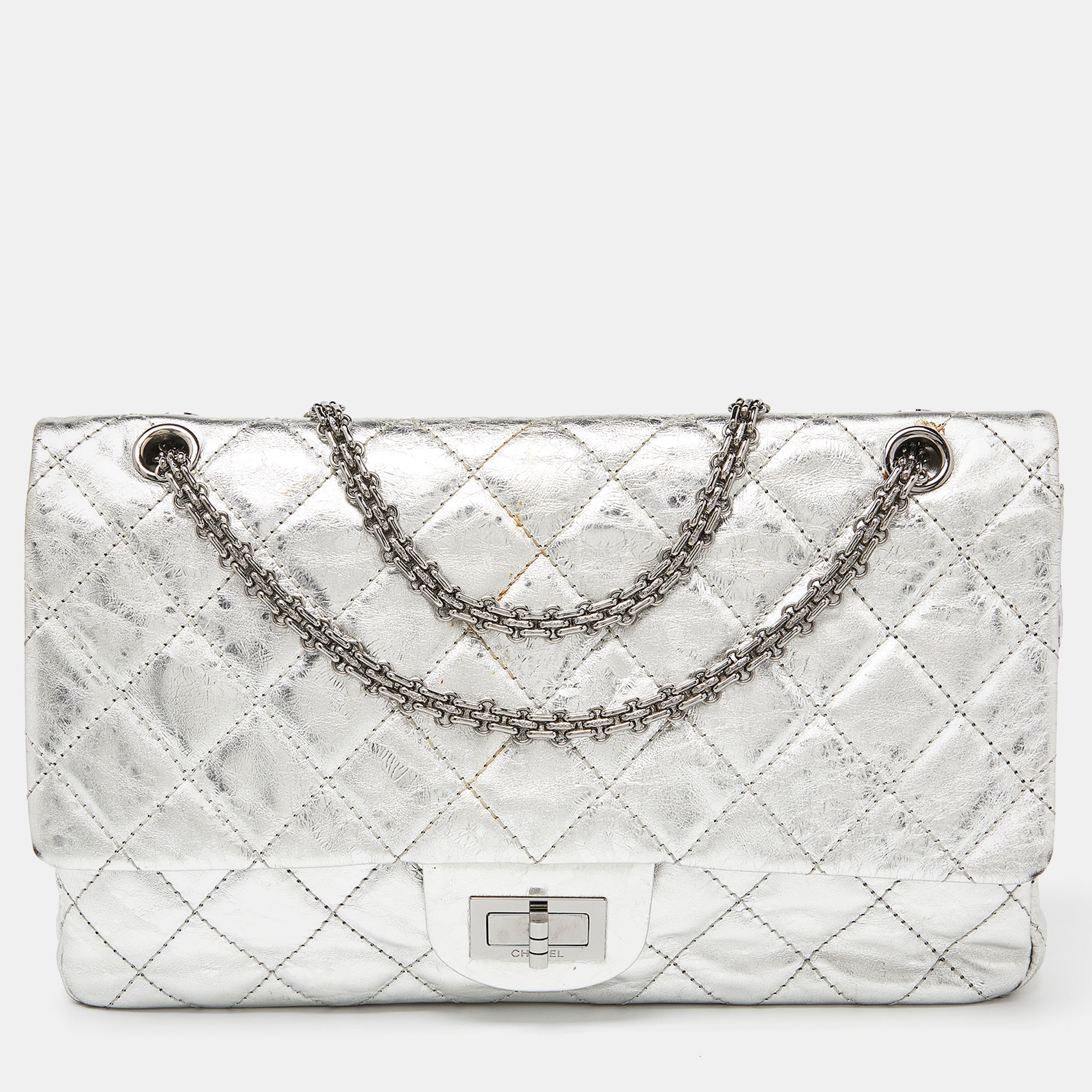 Chanel Silver Quilted Crinkled Leather Reissue 2.55 Classic 227 Double Flap Bag