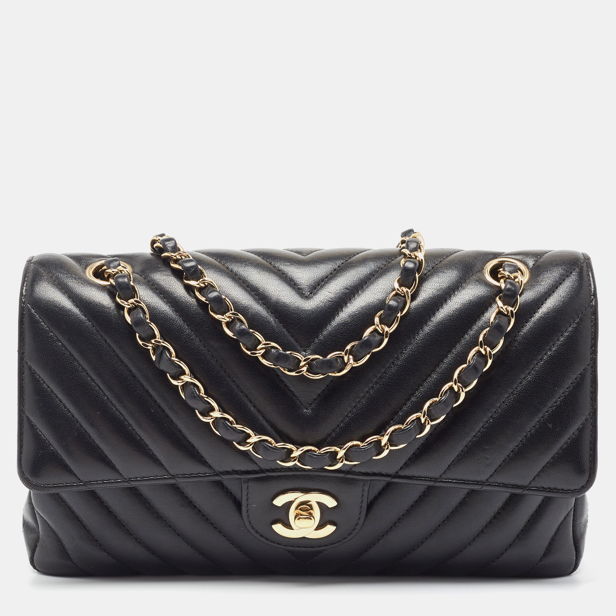 Chanel Black Chevron Lambskin Leather Medium Classic Double Flap Bag