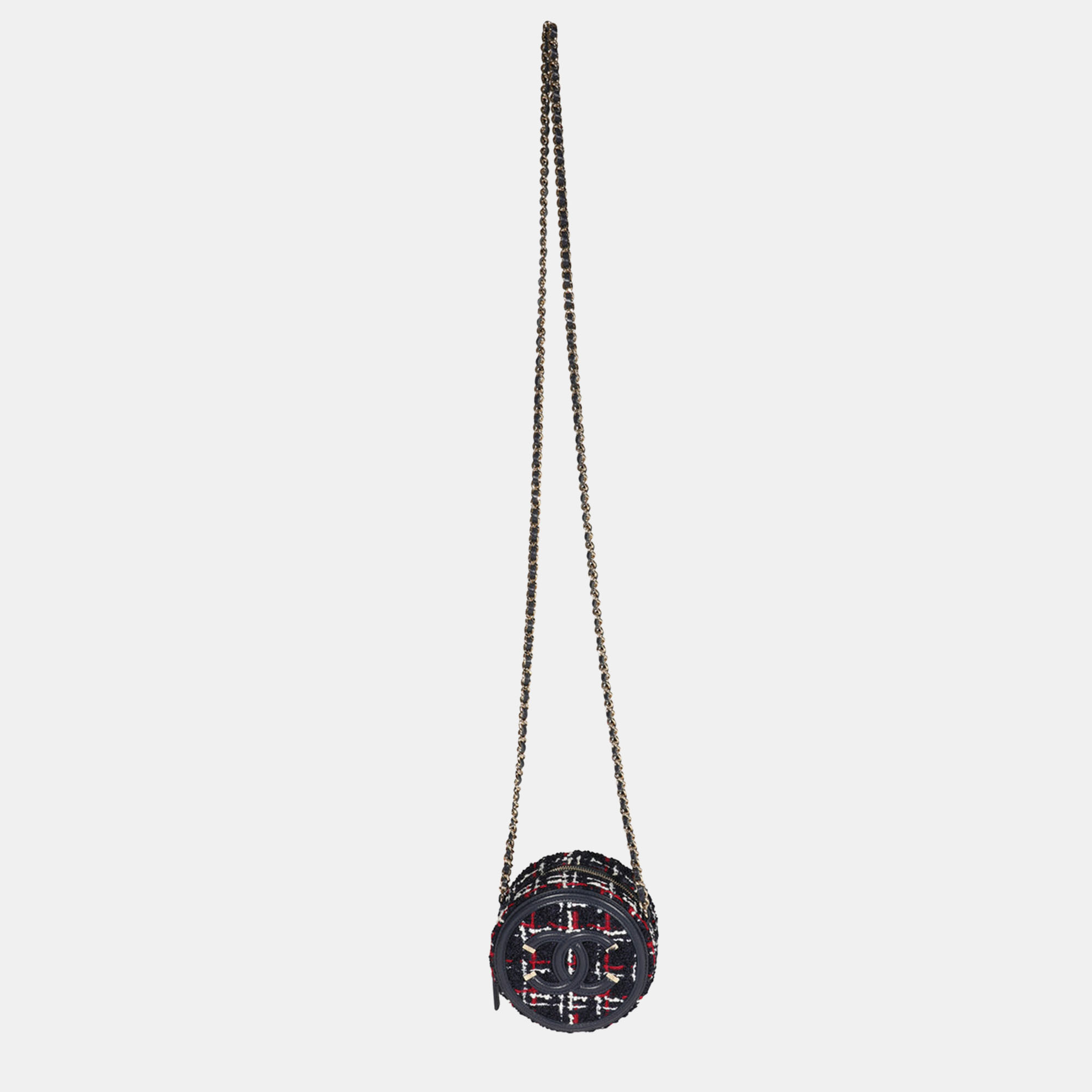 Chanel Navy Blue Tweed Filigree Mini Round Chain Shoulder Bag