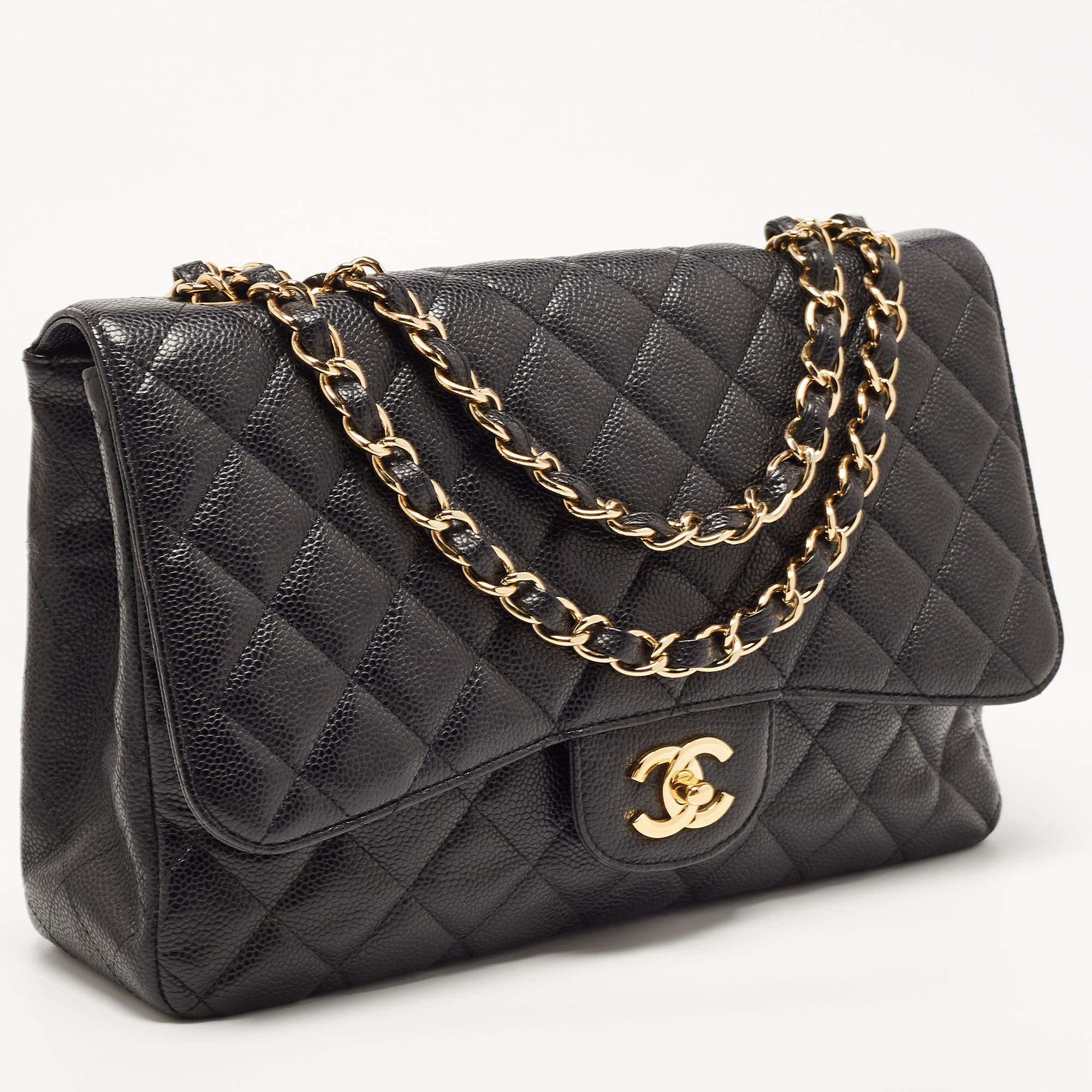 Chanel Black Quilted Caviar Leather Large Classic Double Flap Bag