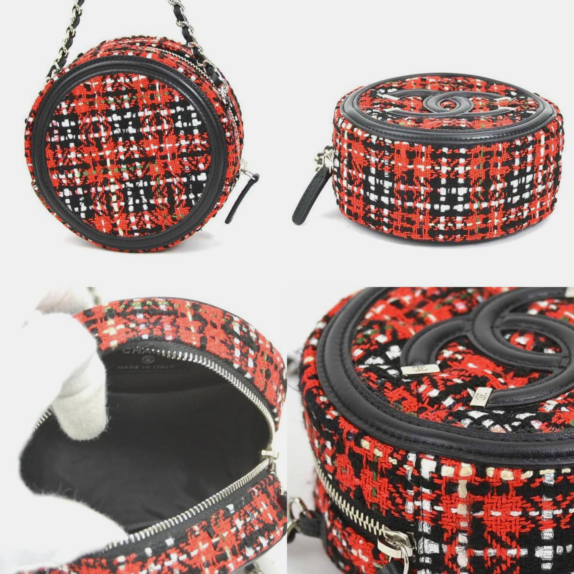 Chanel Black/Red Leather Tweed Mini Filigree Chain Shoulder Bag