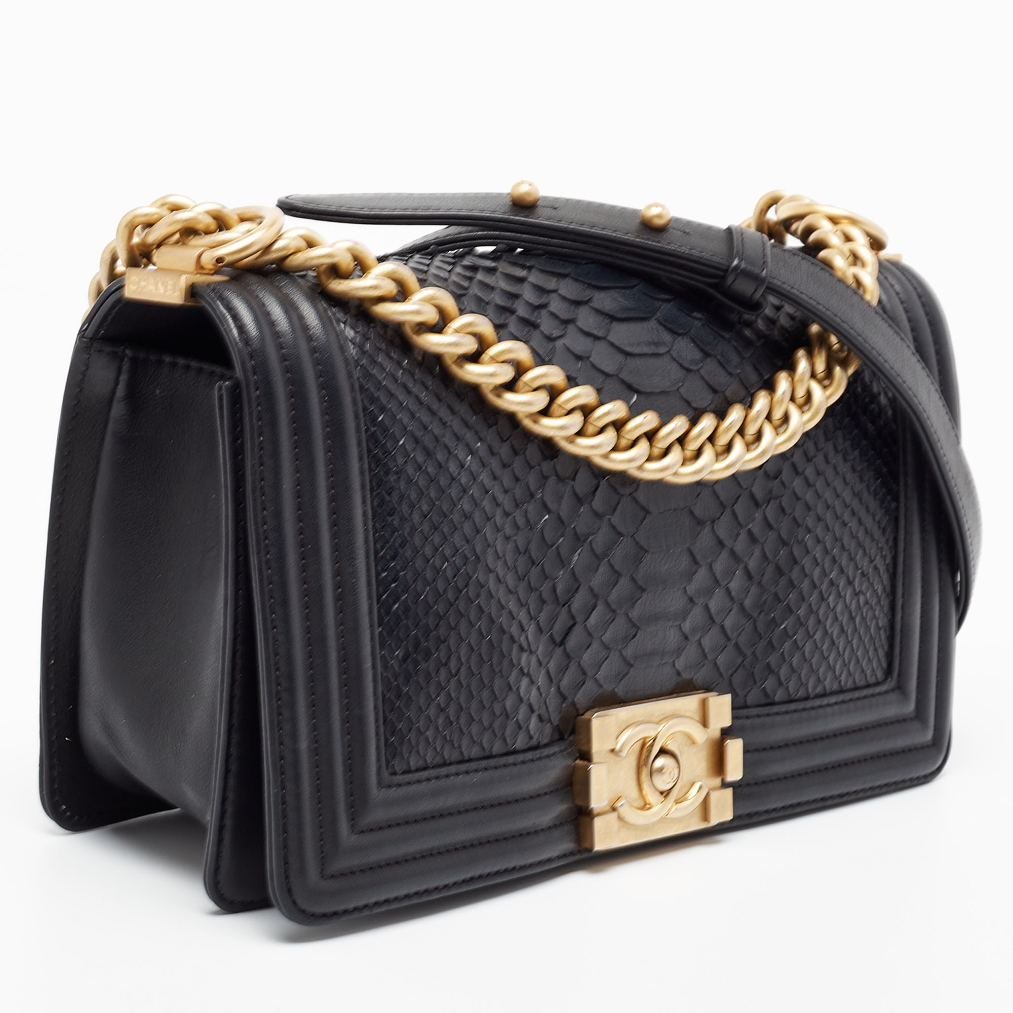 Chanel Black Python And Leather Medium Boy Flap Bag