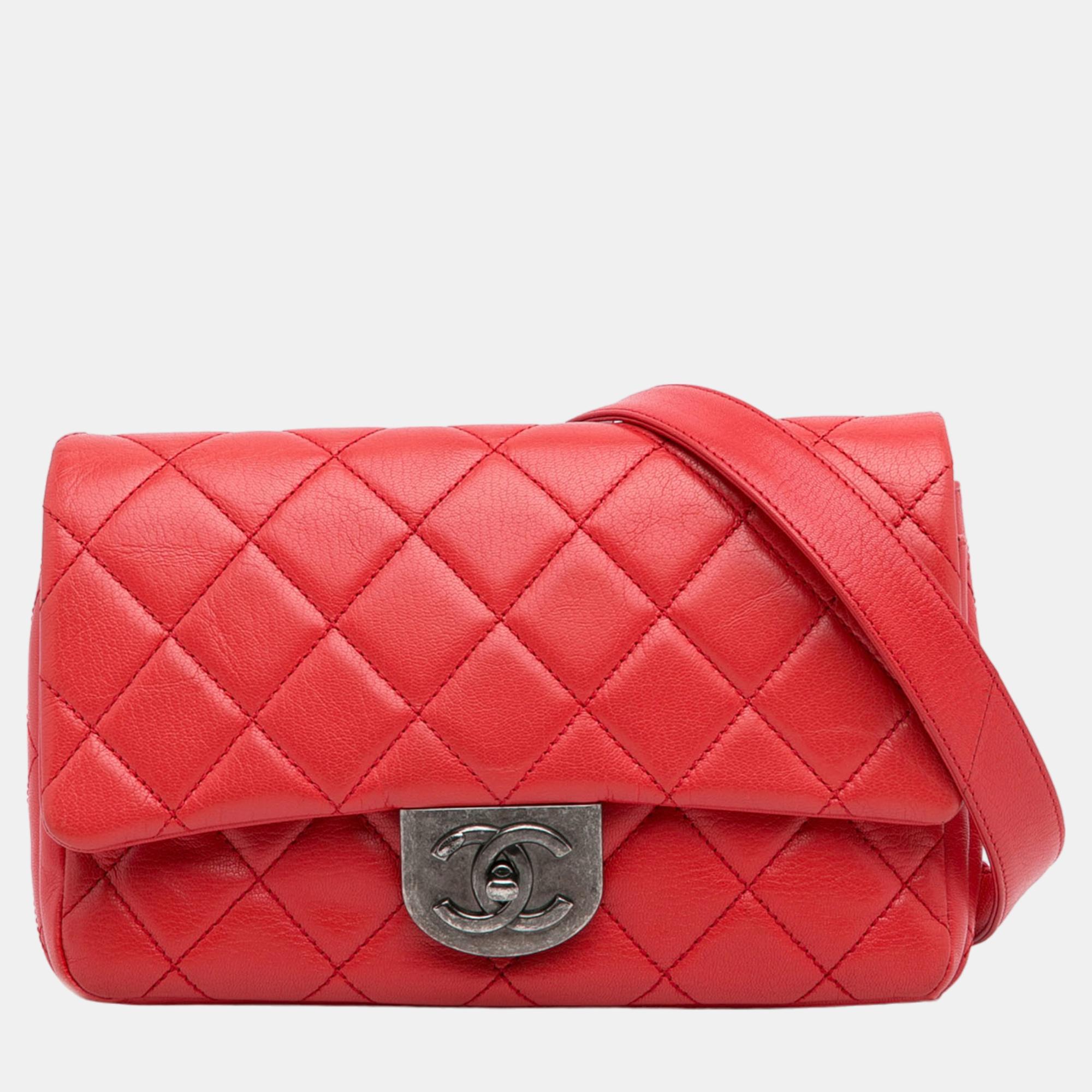 Chanel red small goatskin double carry waist chain flap