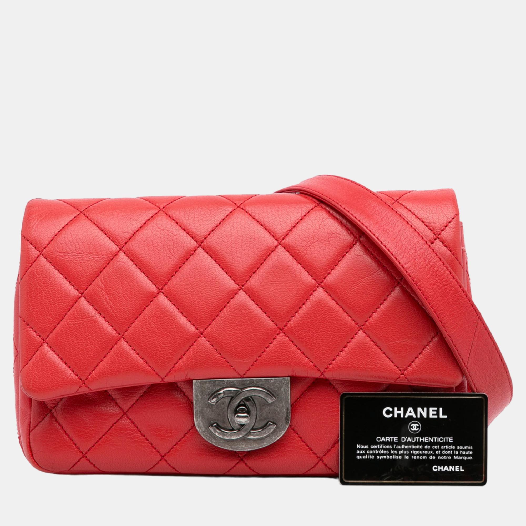 Chanel Red Small Goatskin Double Carry Waist Chain Flap