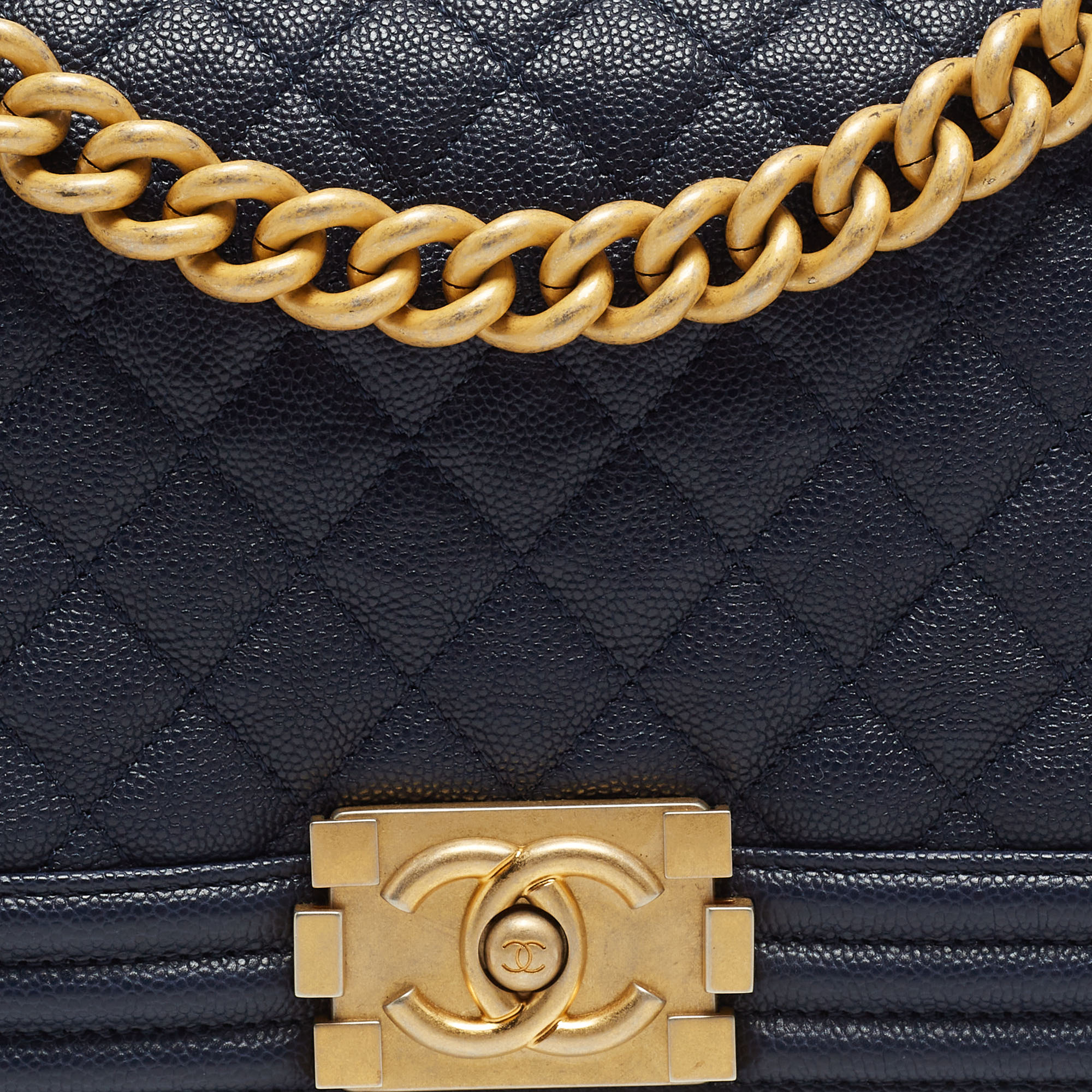 Chanel Navy Blue Quilted Caviar Leather Medium Boy Flap Bag