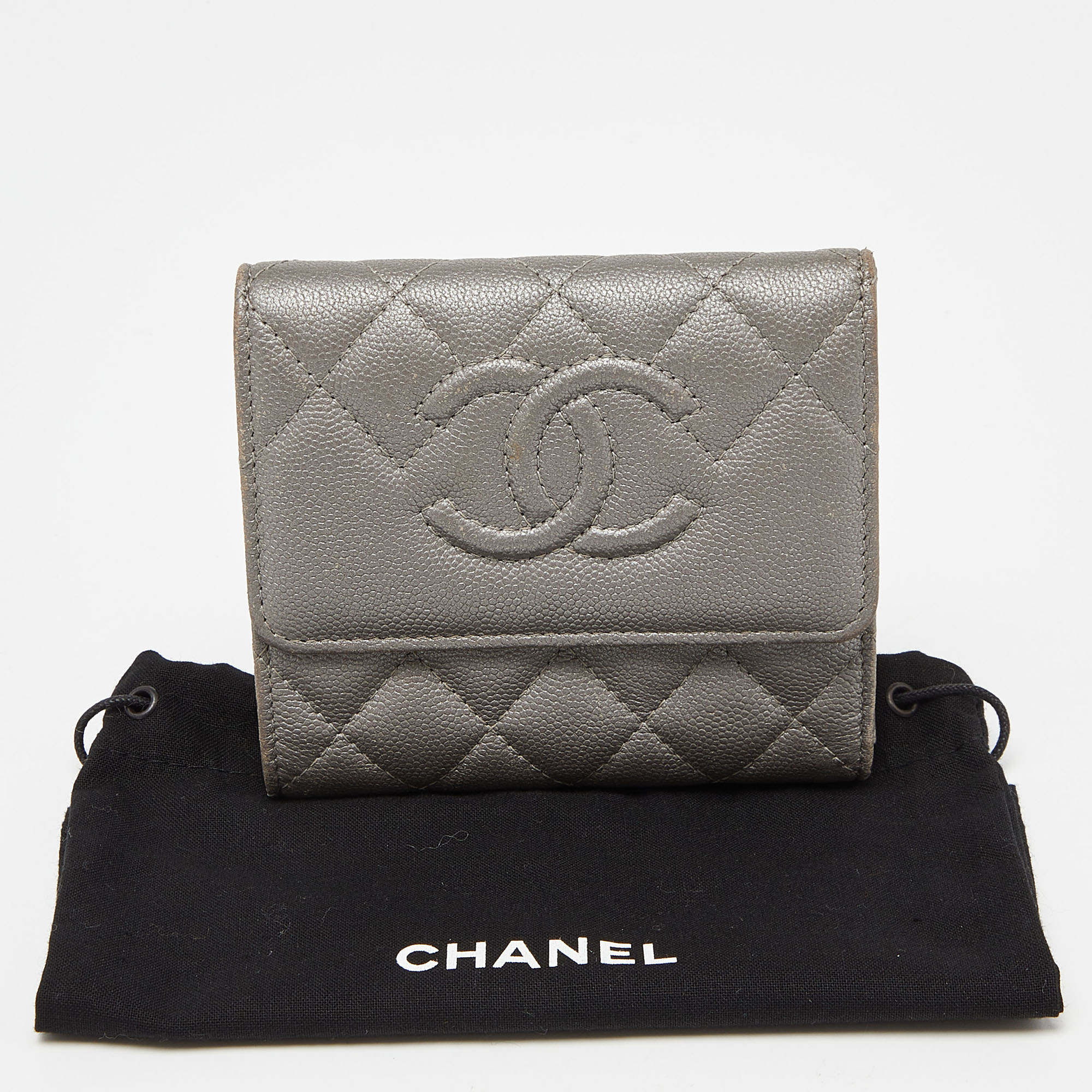 Chanel Silver Quilted Caviar Leather CC Trifold Wallet