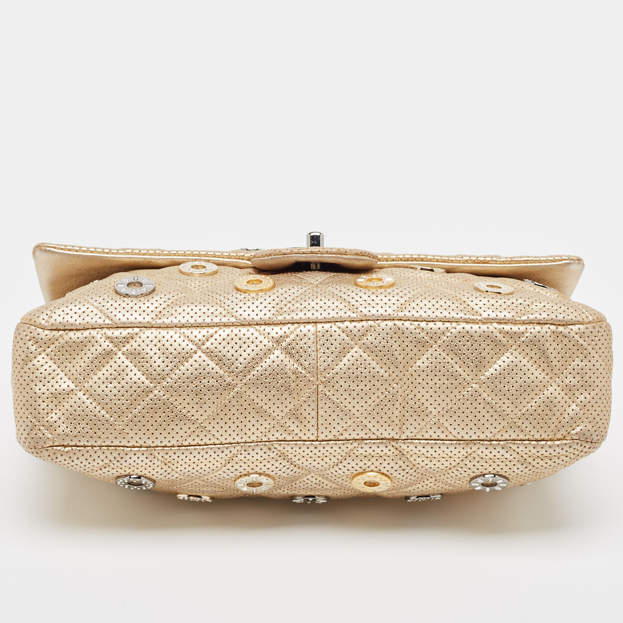 Chanel Gold Quilted Perforated Leather Embellished East/West Classic Flap Bag