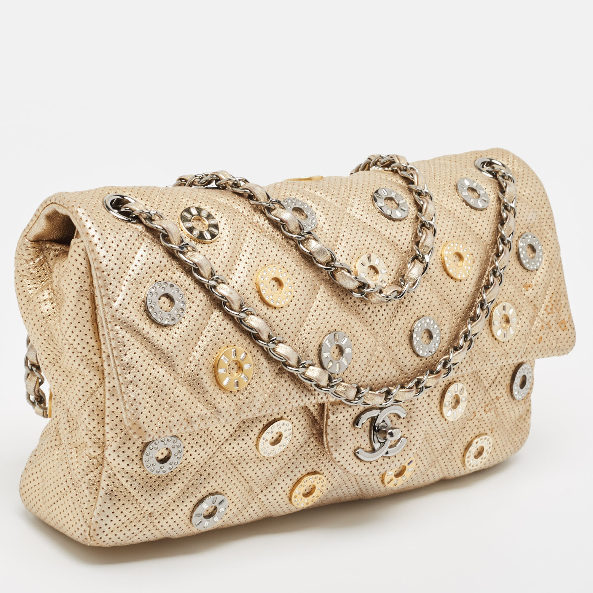 Chanel Gold Quilted Perforated Leather Embellished East/West Classic Flap Bag