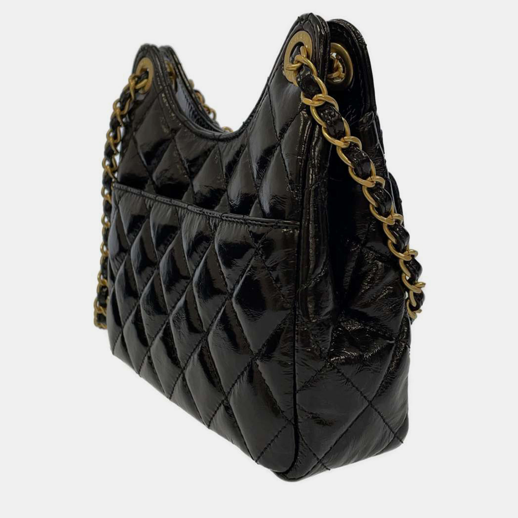 Chanel Black Shiny Calfskin Leather Small Wavy CC Hobo Bag