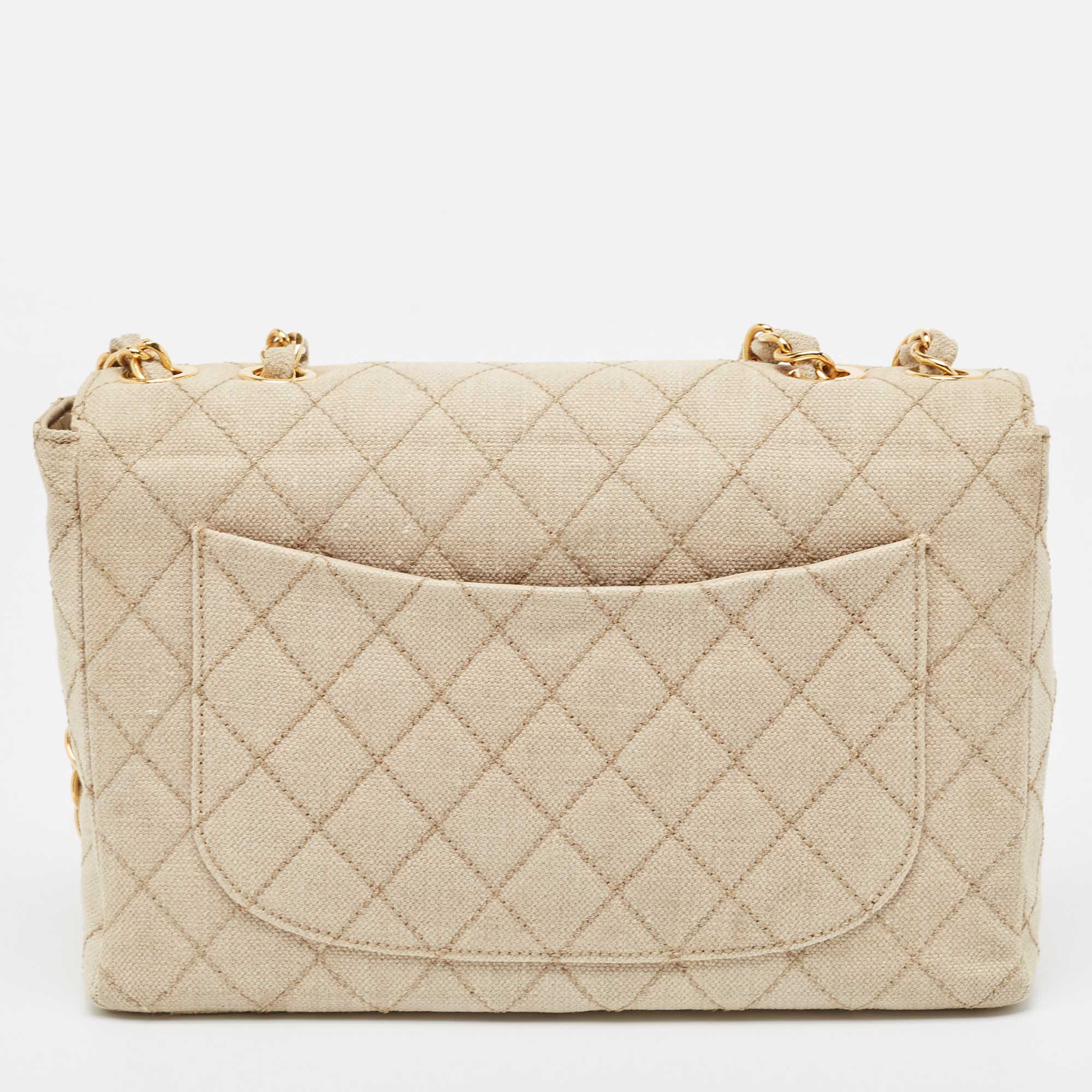 Chanel Light Beige Quilted Canvas Jumbo Classic Single Flap Bag