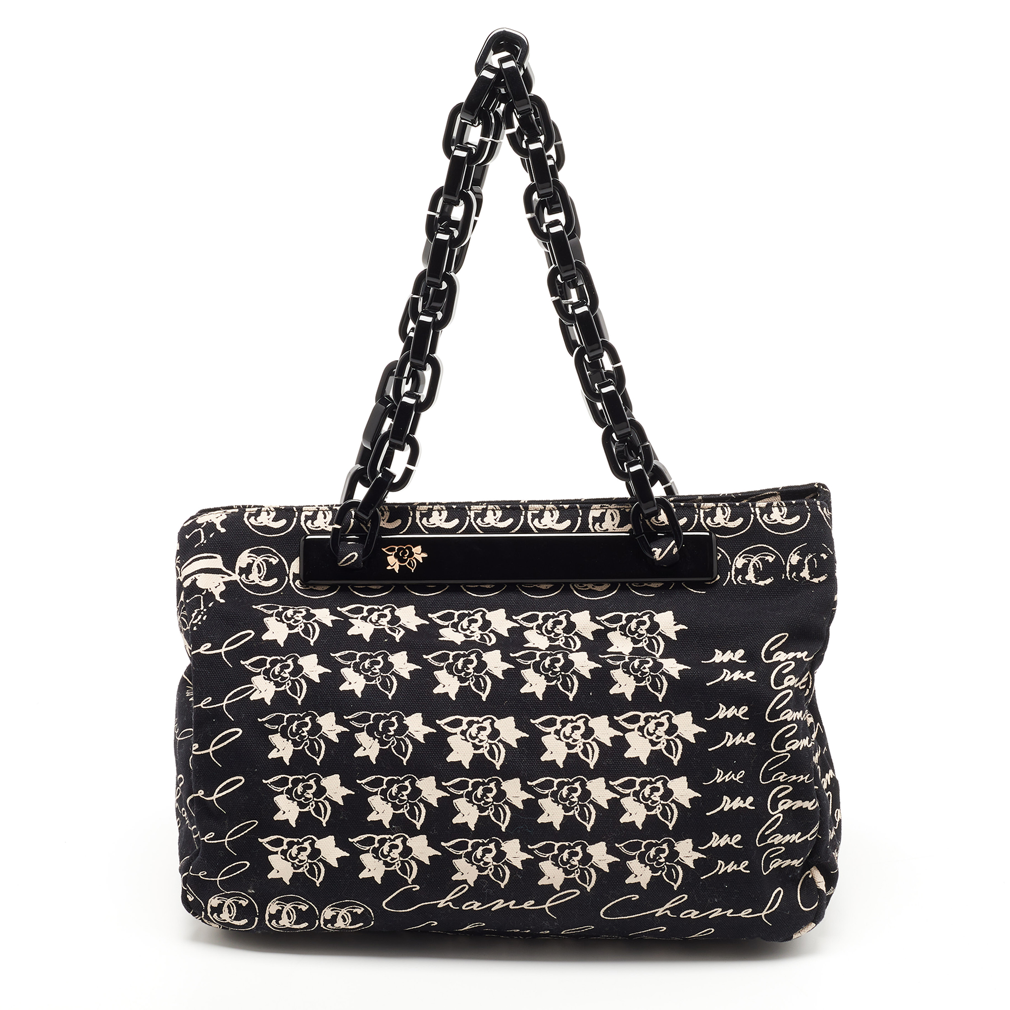 Chanel Black/White Printed Canvas Chain Link Tote