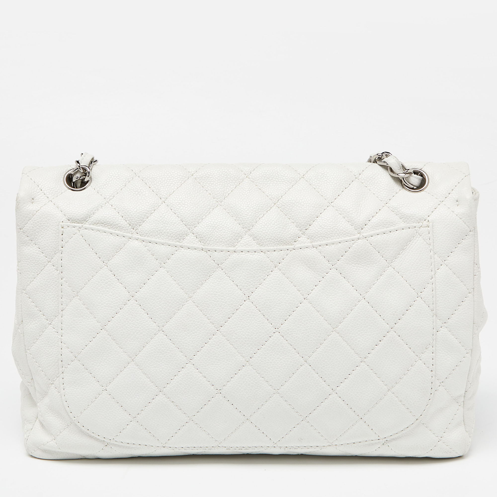 Chanel White Quilted Caviar Leather Maxi Vintage Classic Single Flap Bag