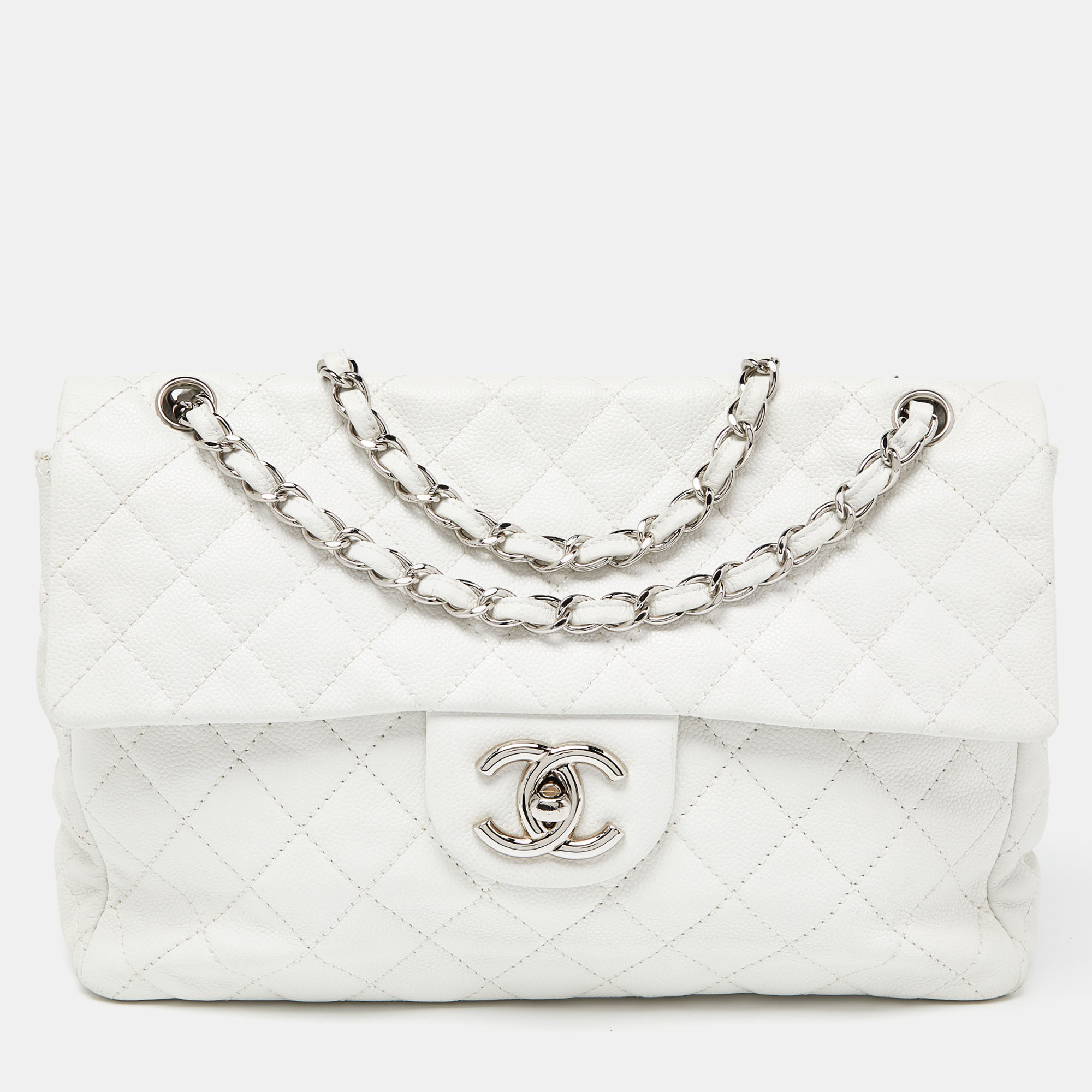 Chanel white quilted caviar leather maxi vintage classic single flap bag