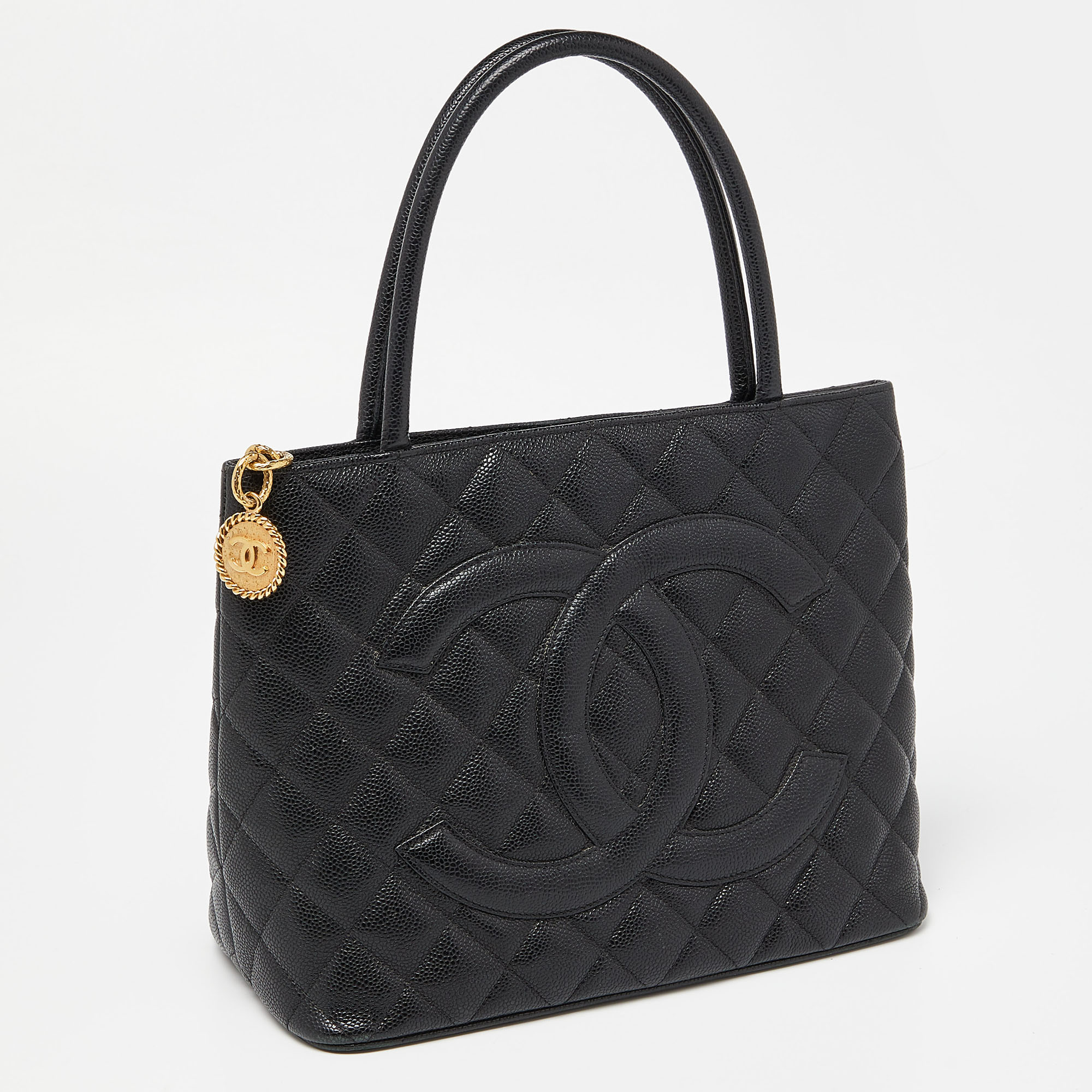 Chanel Black Quilted Caviar Leather Medallion Bag