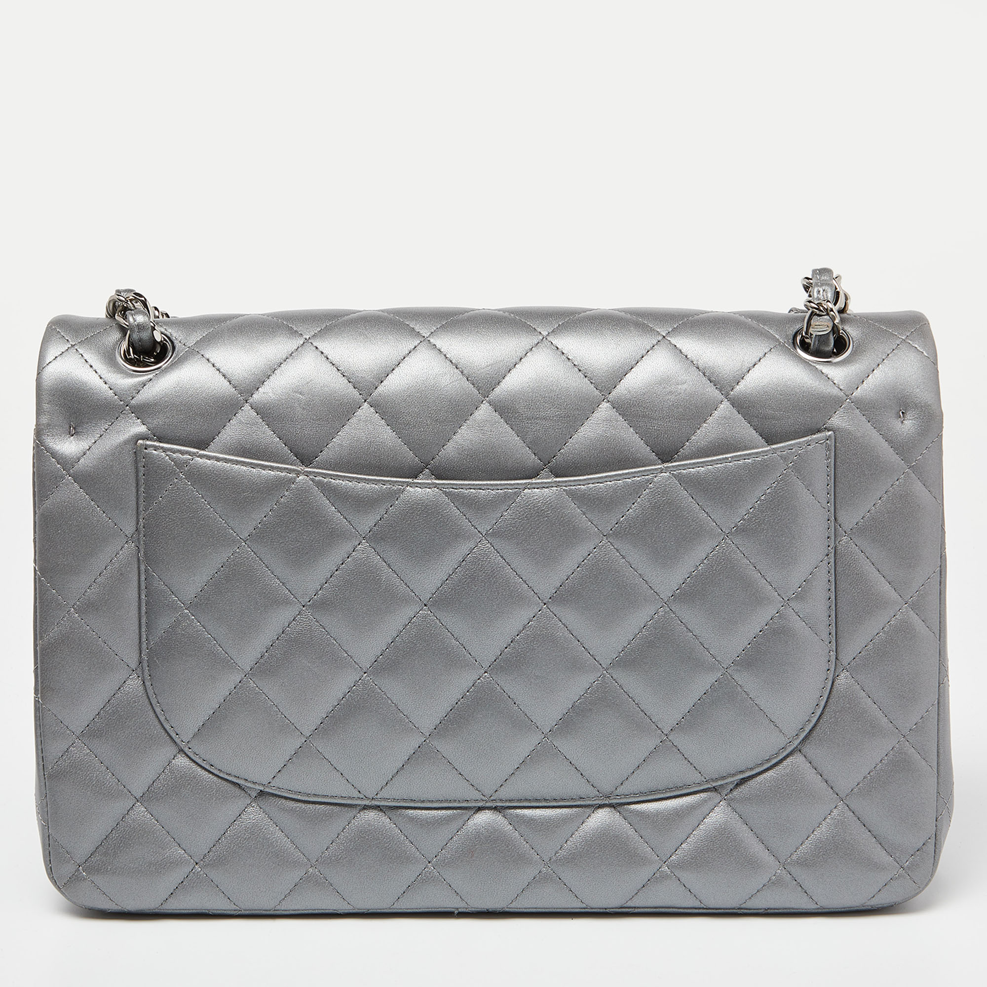 Chanel Silver Quilted Leather Jumbo Classic Double Flap Bag