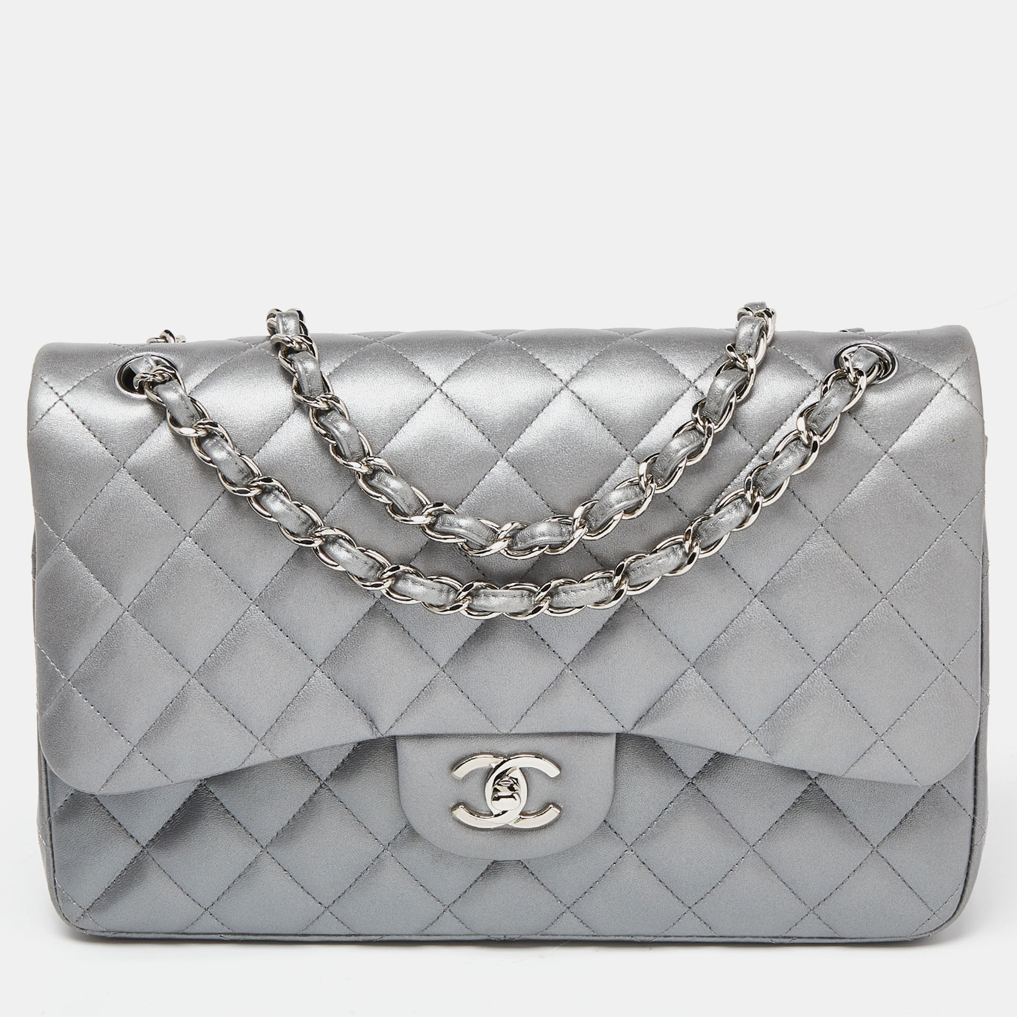 Chanel Silver Quilted Leather Jumbo Classic Double Flap Bag