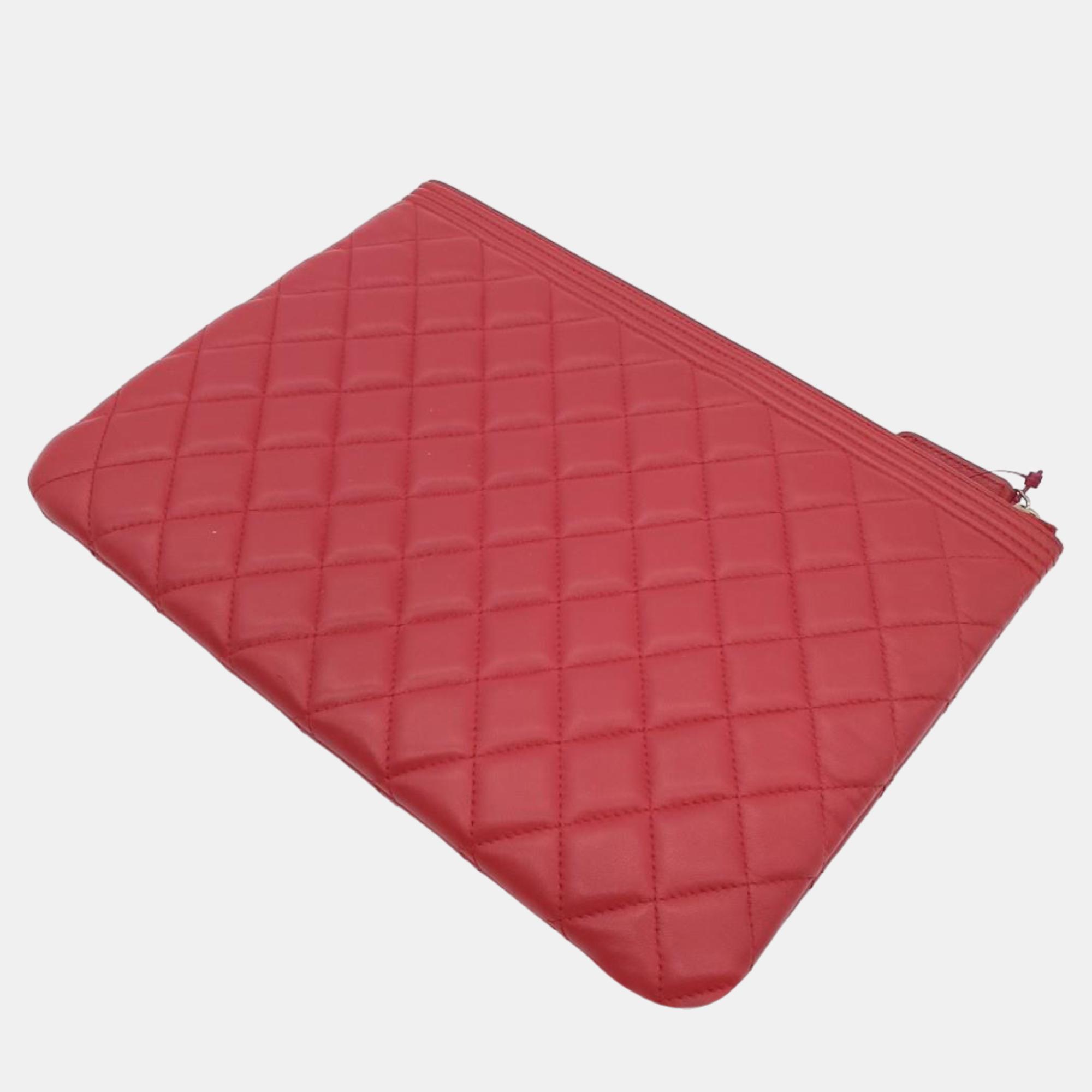 Chanel Red Leather Lambskin O Case Boy Clutch Bag