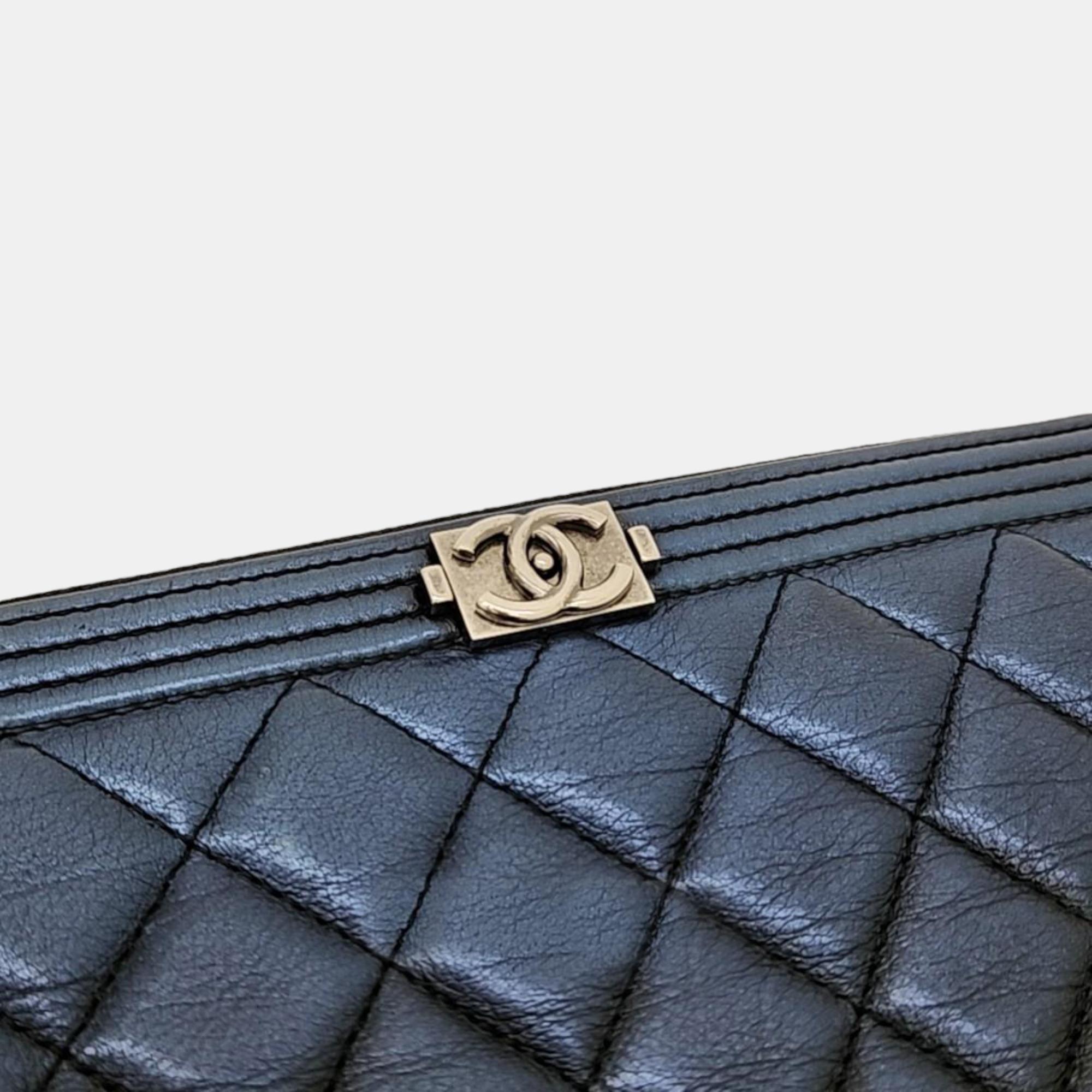 Chanel Navy Blue Leather O Case Large Boy Clutch Bag