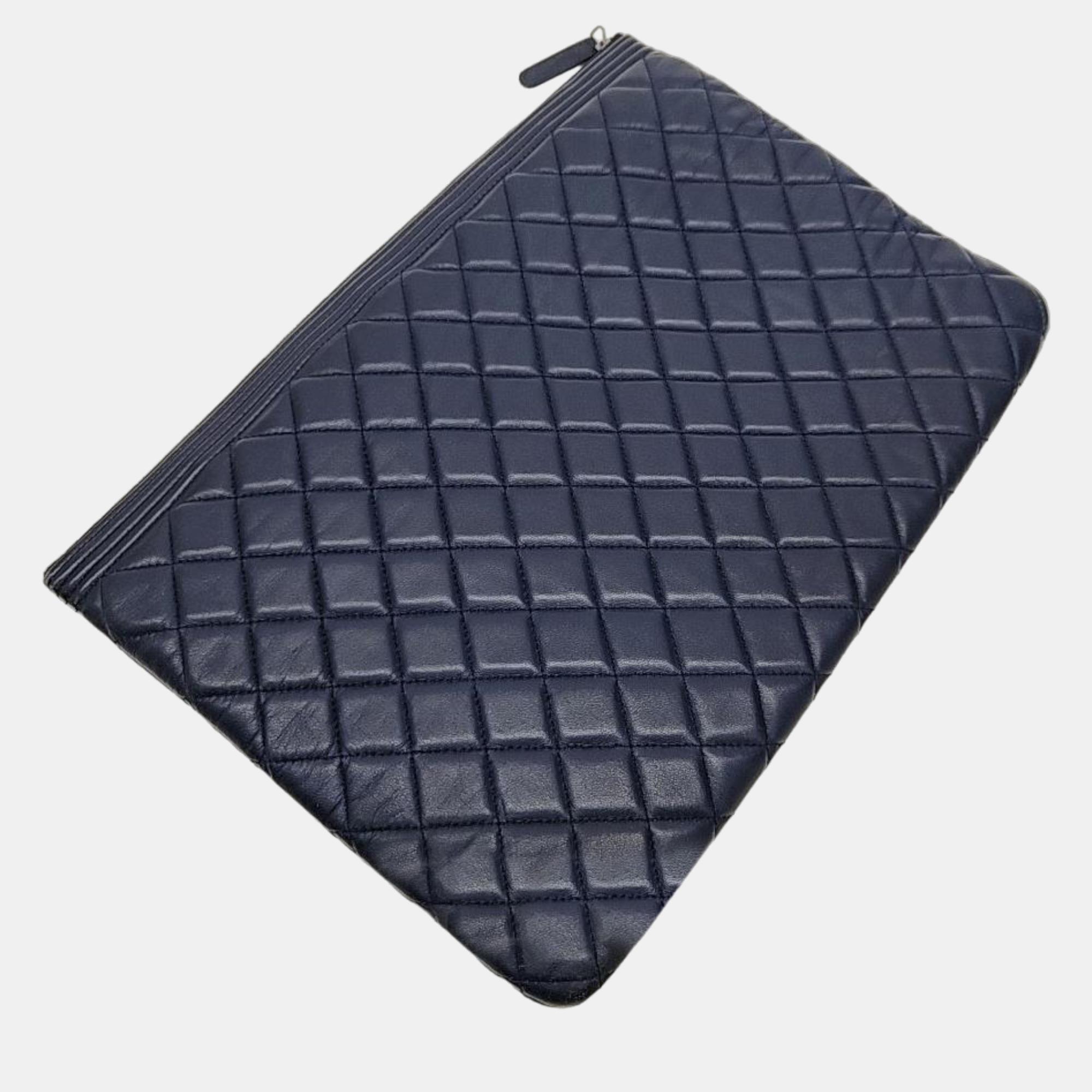 Chanel Navy Blue Lambskin Leather Large O Case Boy Clutch Bag
