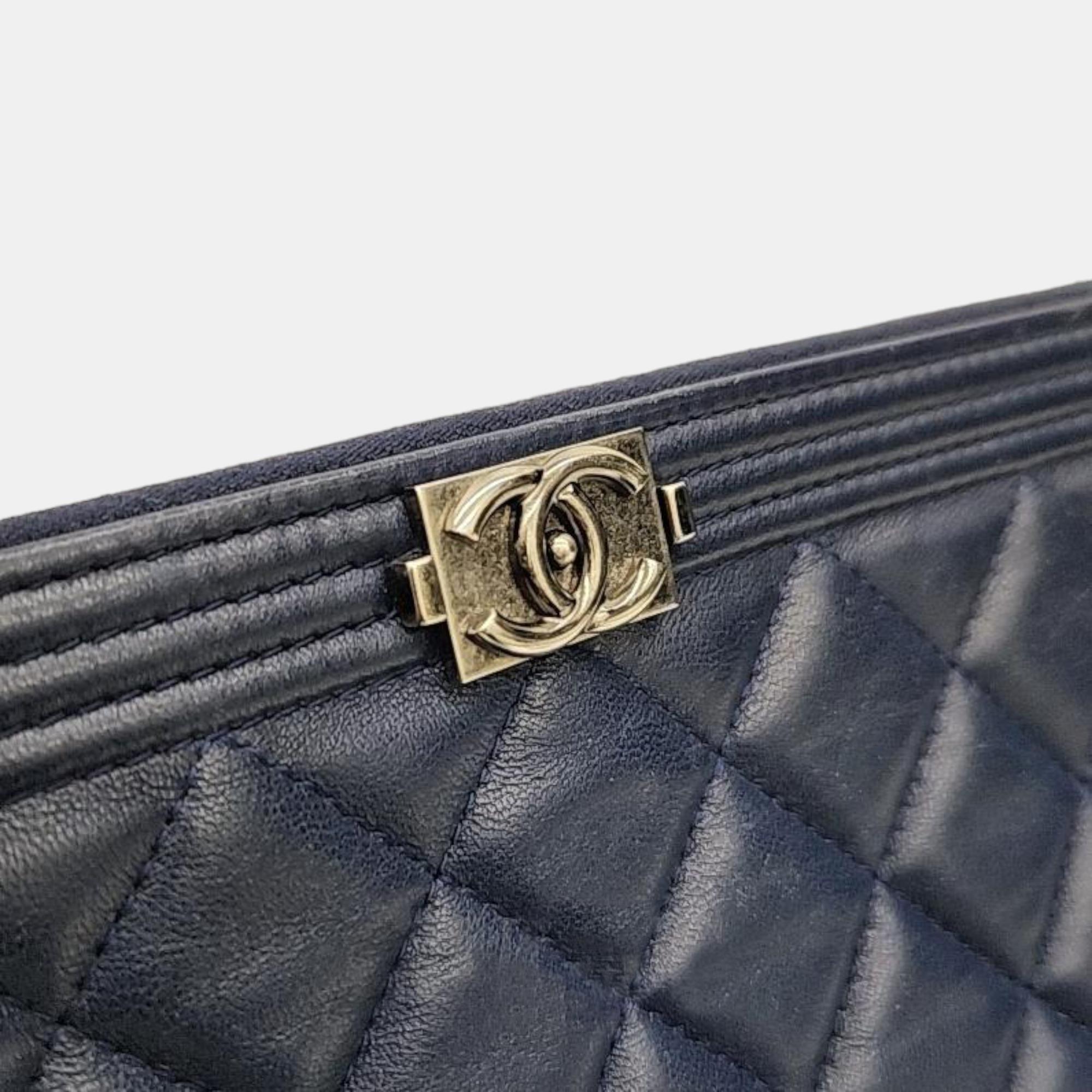 Chanel Navy Blue Lambskin Leather Large O Case Boy Clutch Bag