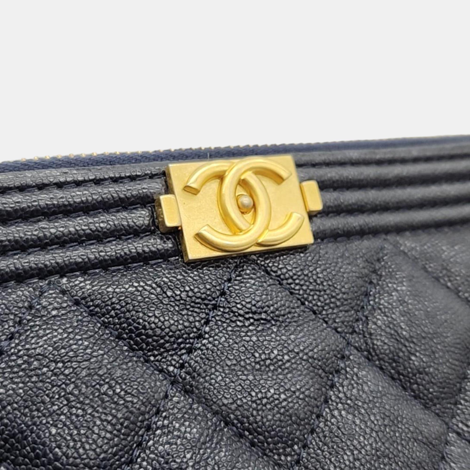 Chanel Navy Blue Caviar Leather O Case Medium Boy Clutch Bag