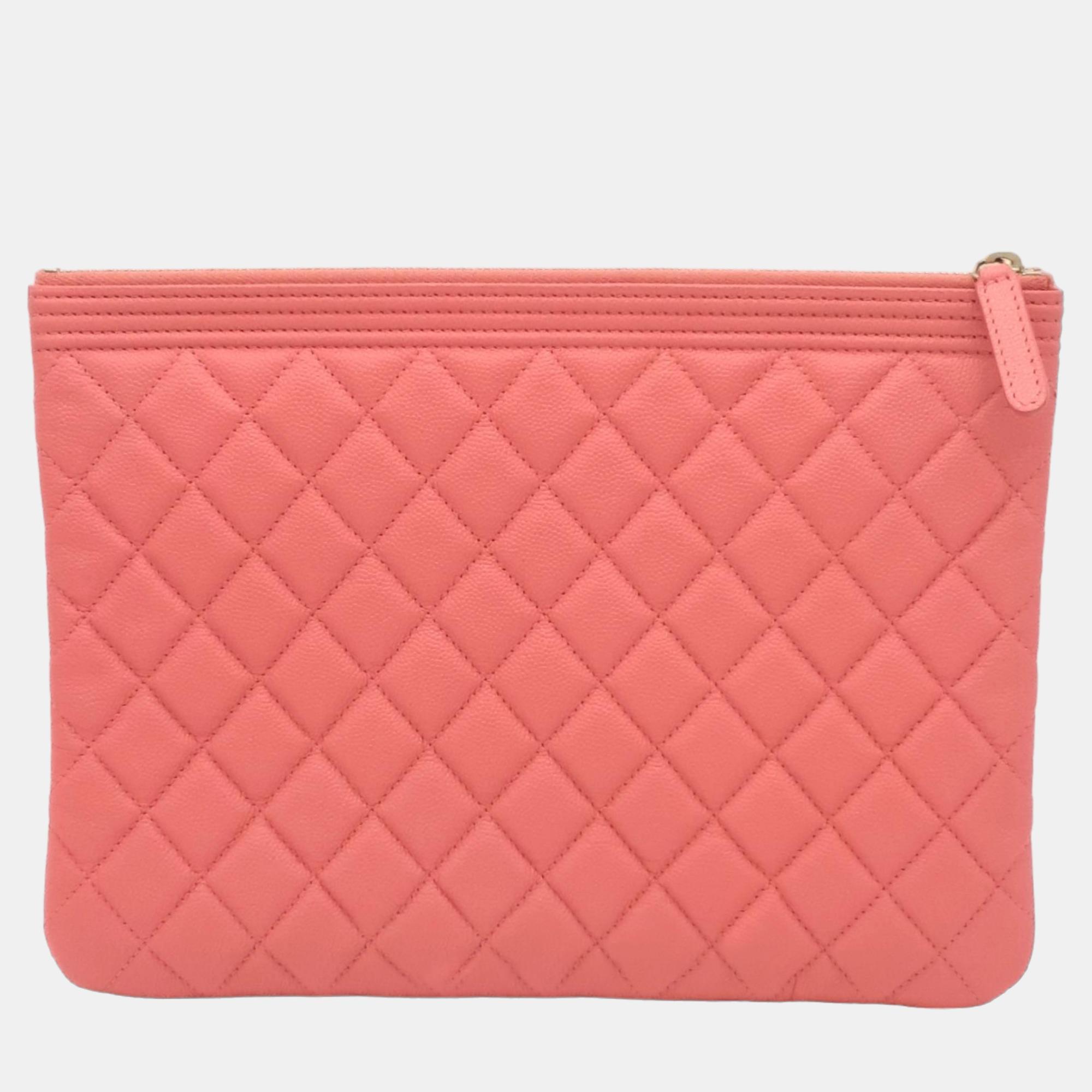 Chanel Pink Caviar Leather O Case Quilted Medium Boy Clutch Bag