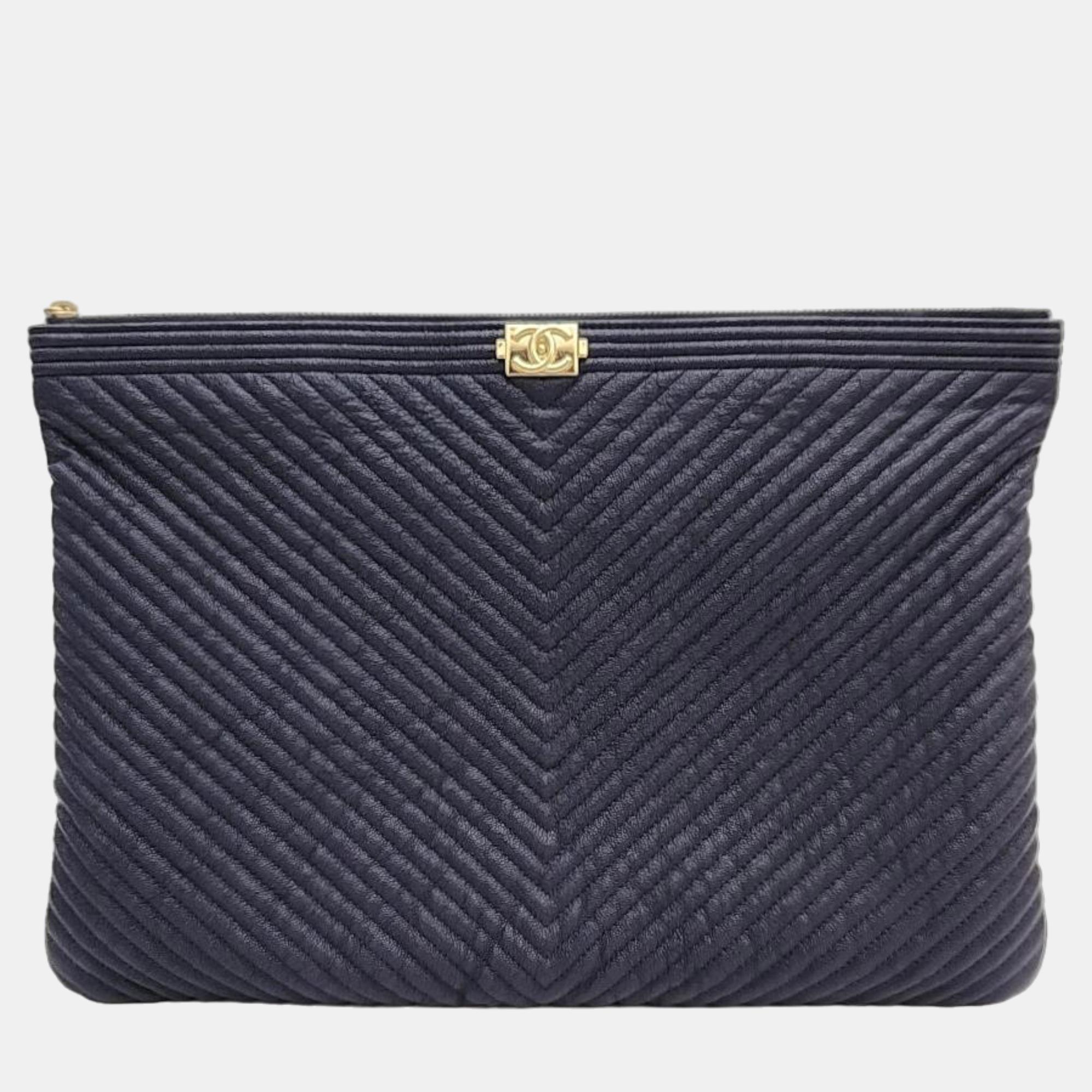 Chanel Navy Blue Caviar Leather Large O Case Boy Clutch Bag