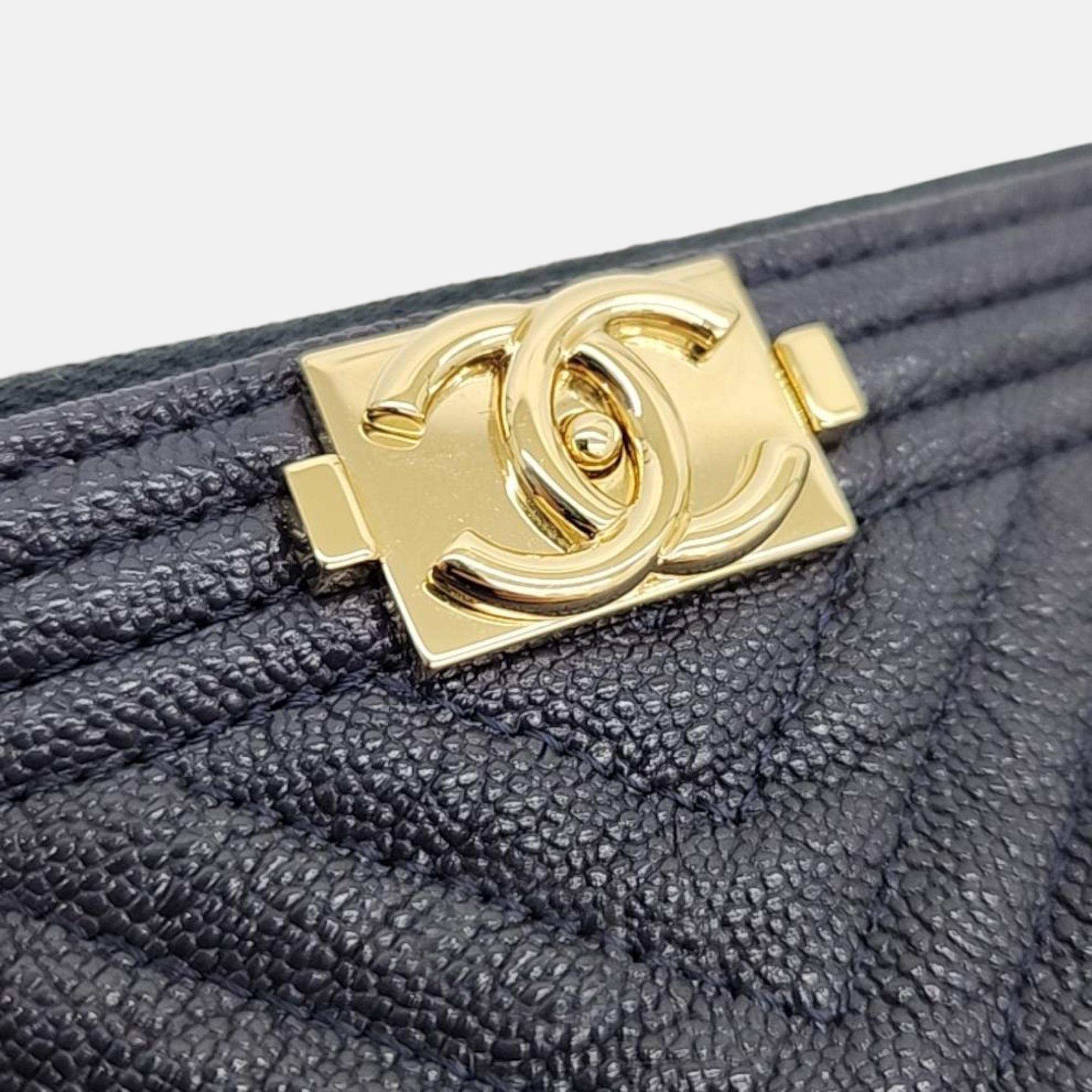 Chanel Navy Blue Caviar Leather Large O Case Boy Clutch Bag