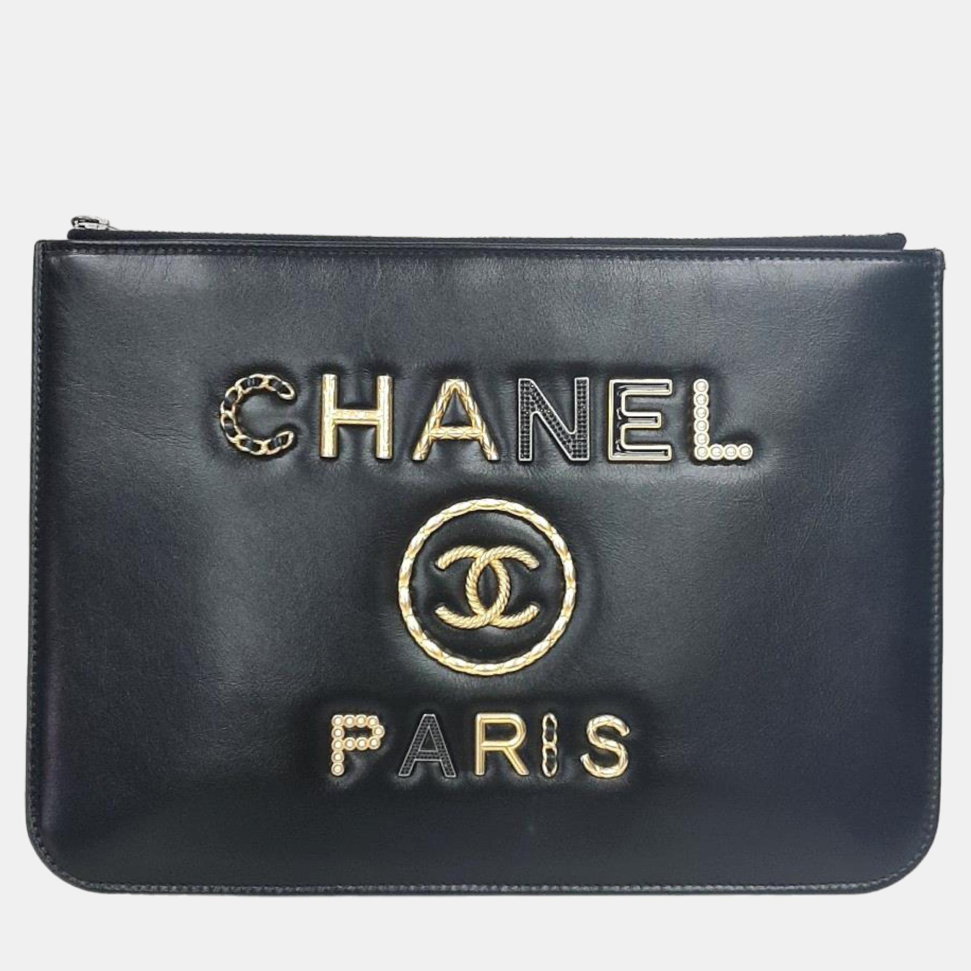 Chanel black leather 19 clutch bag