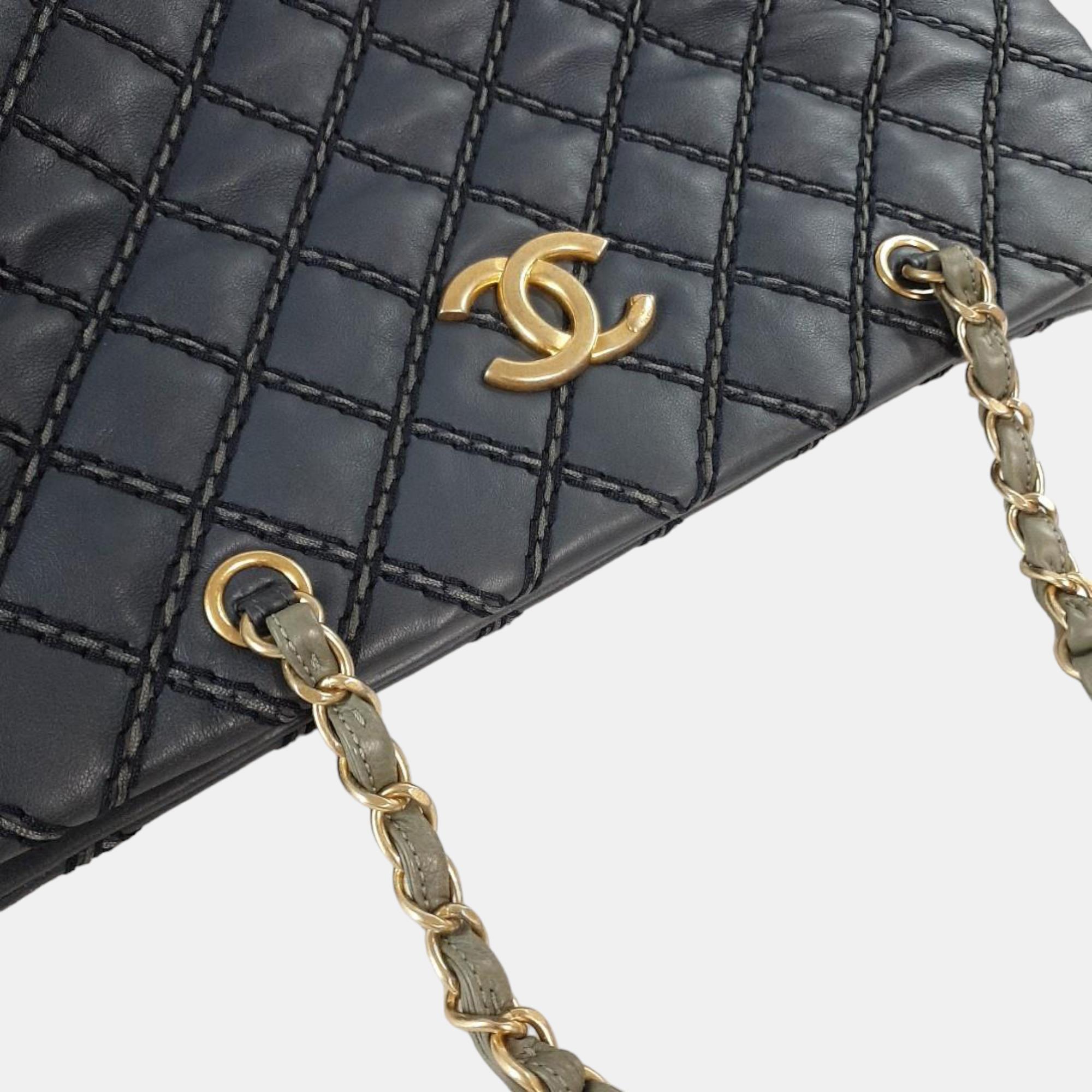 Chanel Blue Leather Wild Stitch Chain Tote Bag
