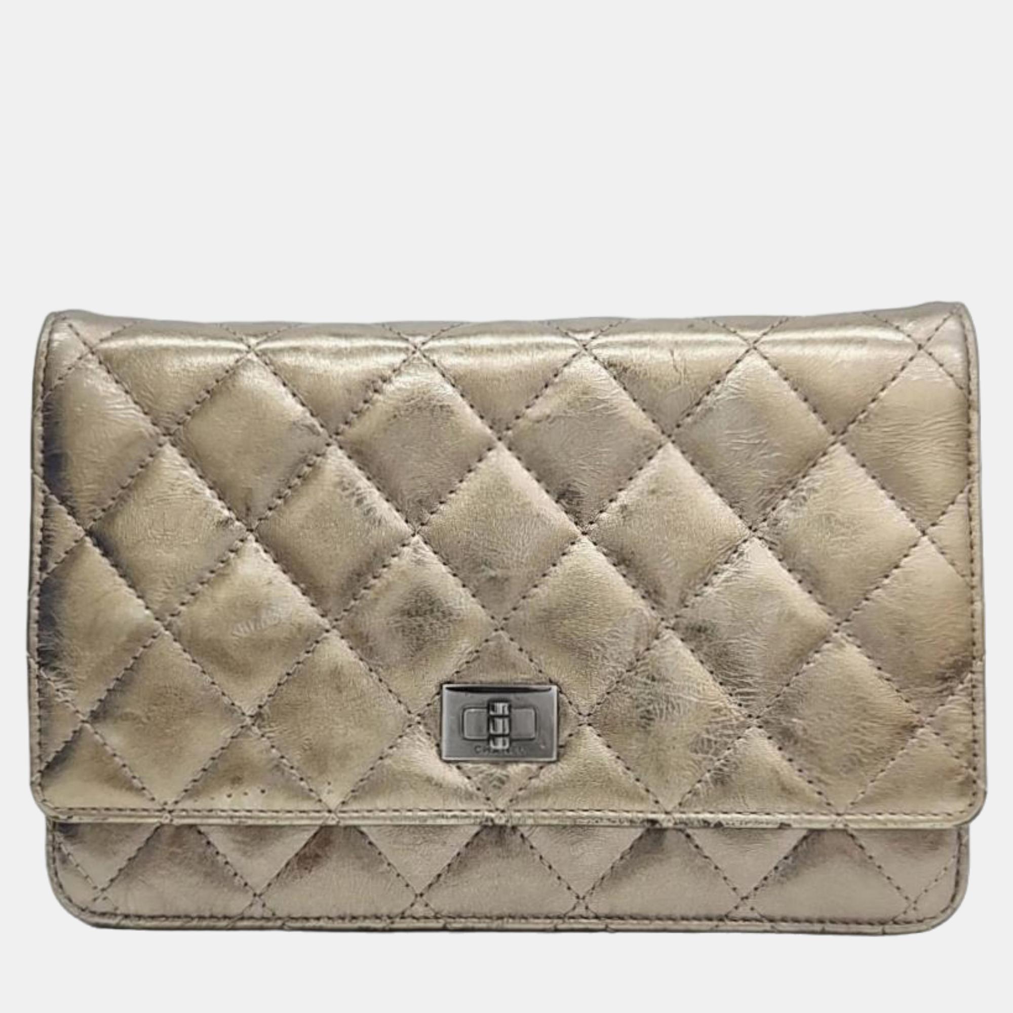 Chanel grey leather reissue wallet on chain