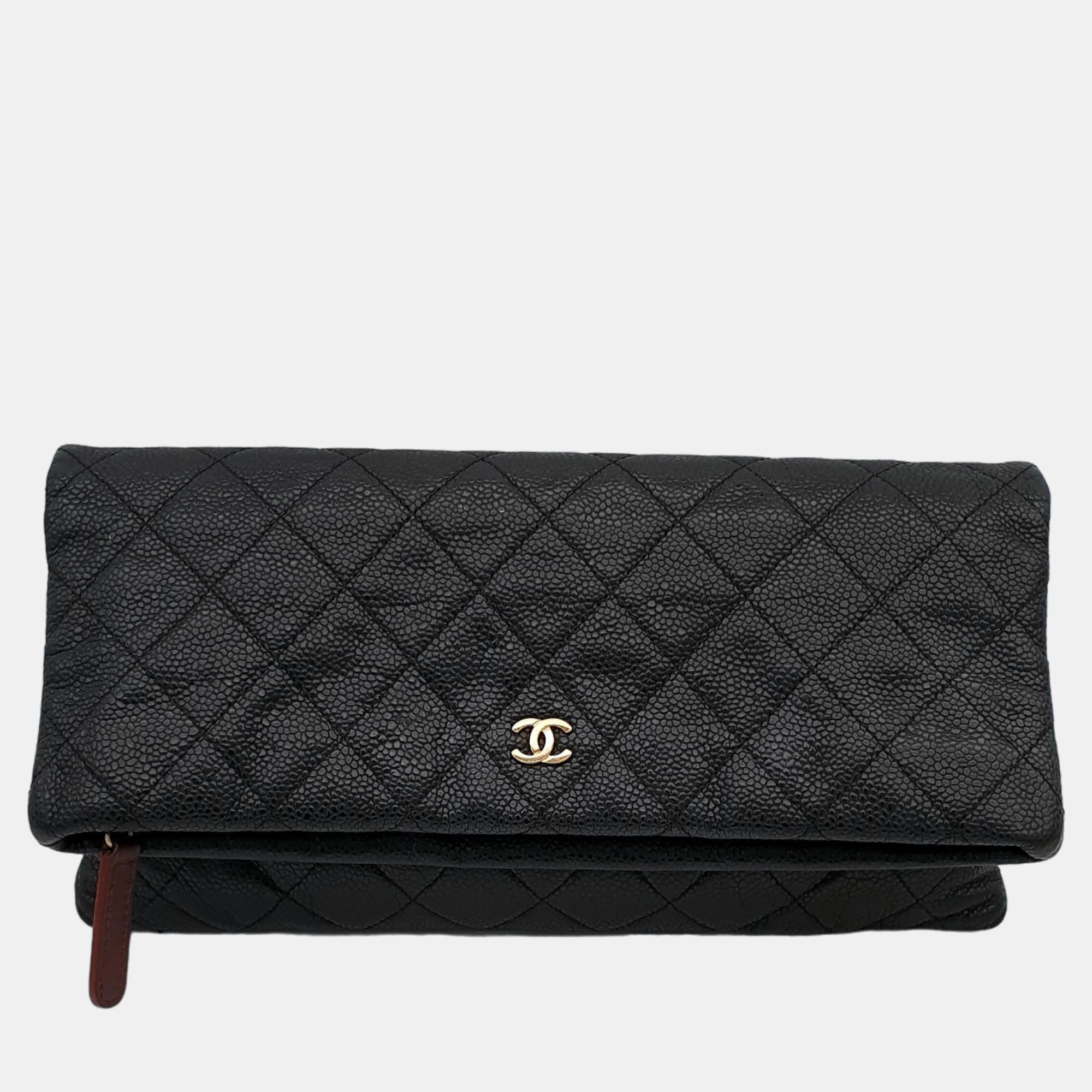Chanel black leather beauty cc foldover clutch bag