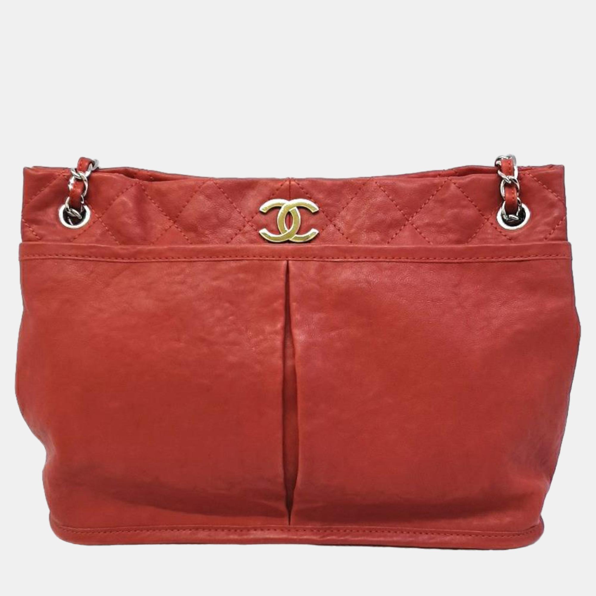 Chanel red leather natural beauty tote bag