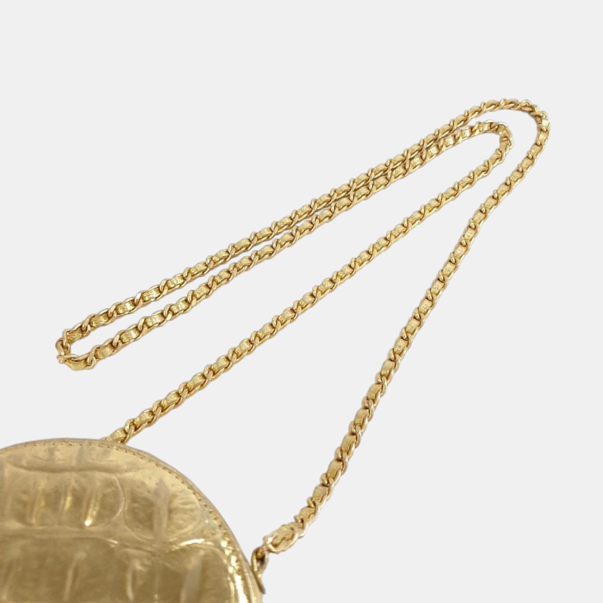 Chanel Gold Leather Paris-New York Coco Croc Round Crossbody Bag