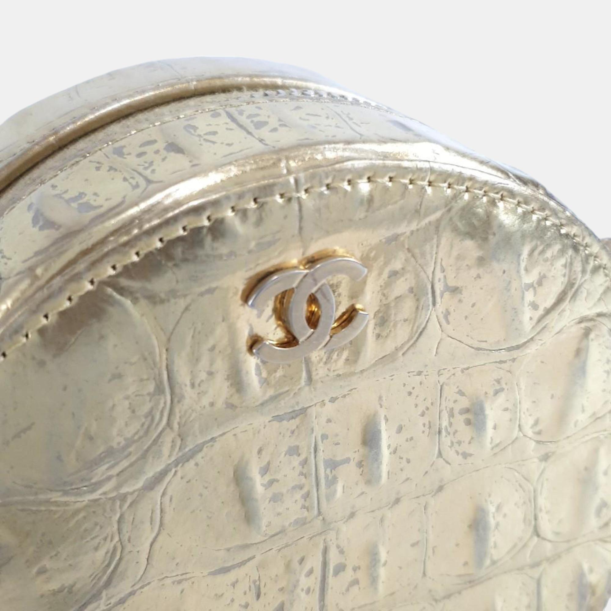 Chanel Gold Leather Paris-New York Coco Croc Round Crossbody Bag