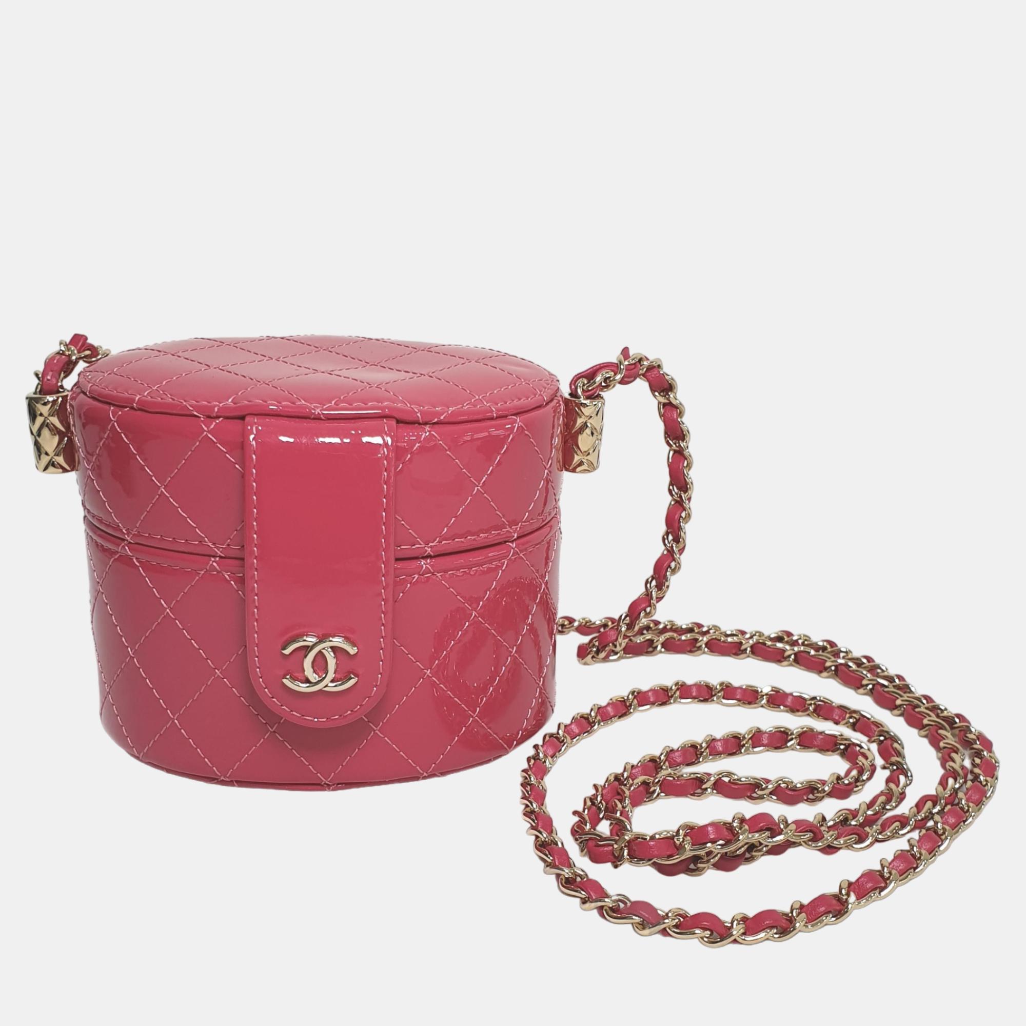 Chanel pink patent leather mini vanity case shoulder bag